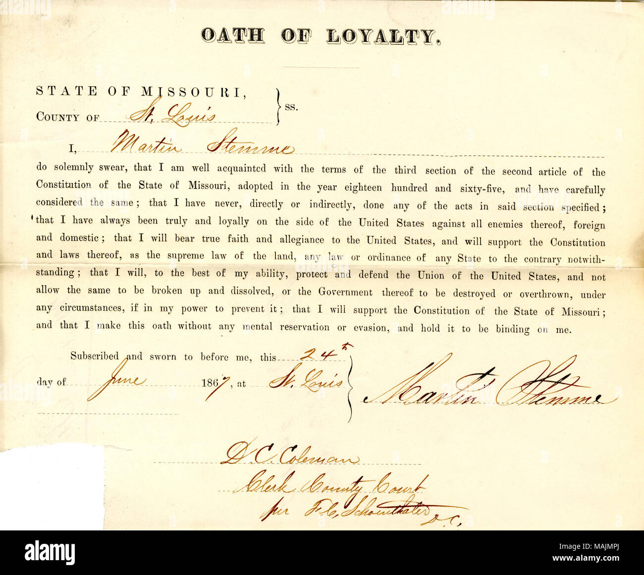 Prête serment d'allégeance au Gouvernement des États-Unis et de l'État du Missouri. Titre : serment de loyauté de Martin Stemme du Missouri, dans le comté de Saint Louis . 24 juin 1867. Stemme, M. Banque D'Images