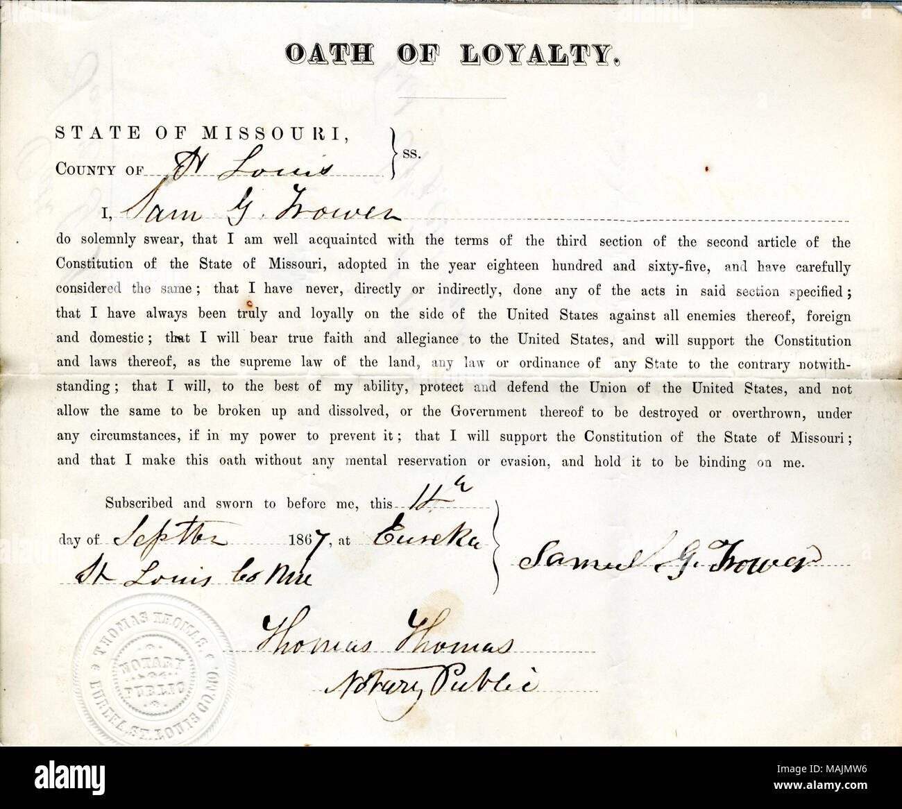 Prête serment d'allégeance au Gouvernement des États-Unis et de l'État du Missouri. Titre : serment de loyauté de Samuel G. Trower du Missouri, dans le comté de Saint Louis . 19 septembre 1867. Trower, S. Banque D'Images