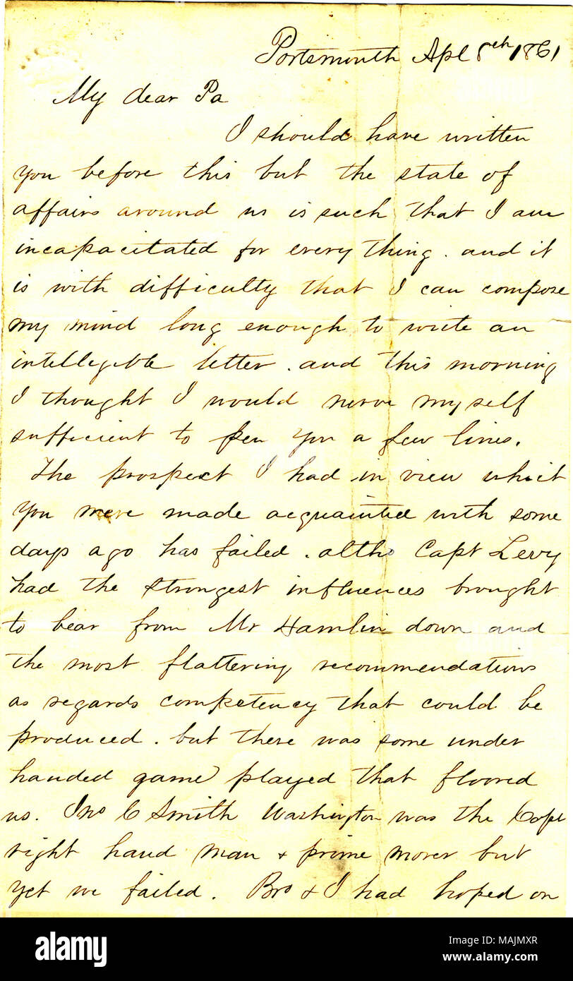 En ce qui concerne les événements politiques en Virginie, et la discussion d'une éventuelle sécession et la guerre civile. Titre : lettre signée Ben [Benjamin R. Singleton], Portsmouth, à Pa [William R. Singleton], le 5 avril 1861 . 5 avril 1861. Singleton, Benjamin R. Banque D'Images