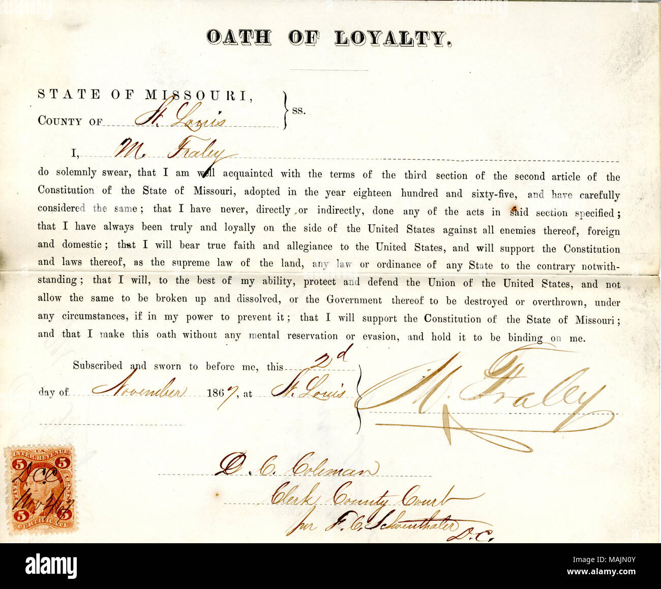 Prête serment d'allégeance au Gouvernement des États-Unis et de l'État du Missouri. Titre : serment de loyauté de M. Fraley du Missouri, dans le comté de Saint Louis . 2 novembre 1867. Fraley, M. Banque D'Images