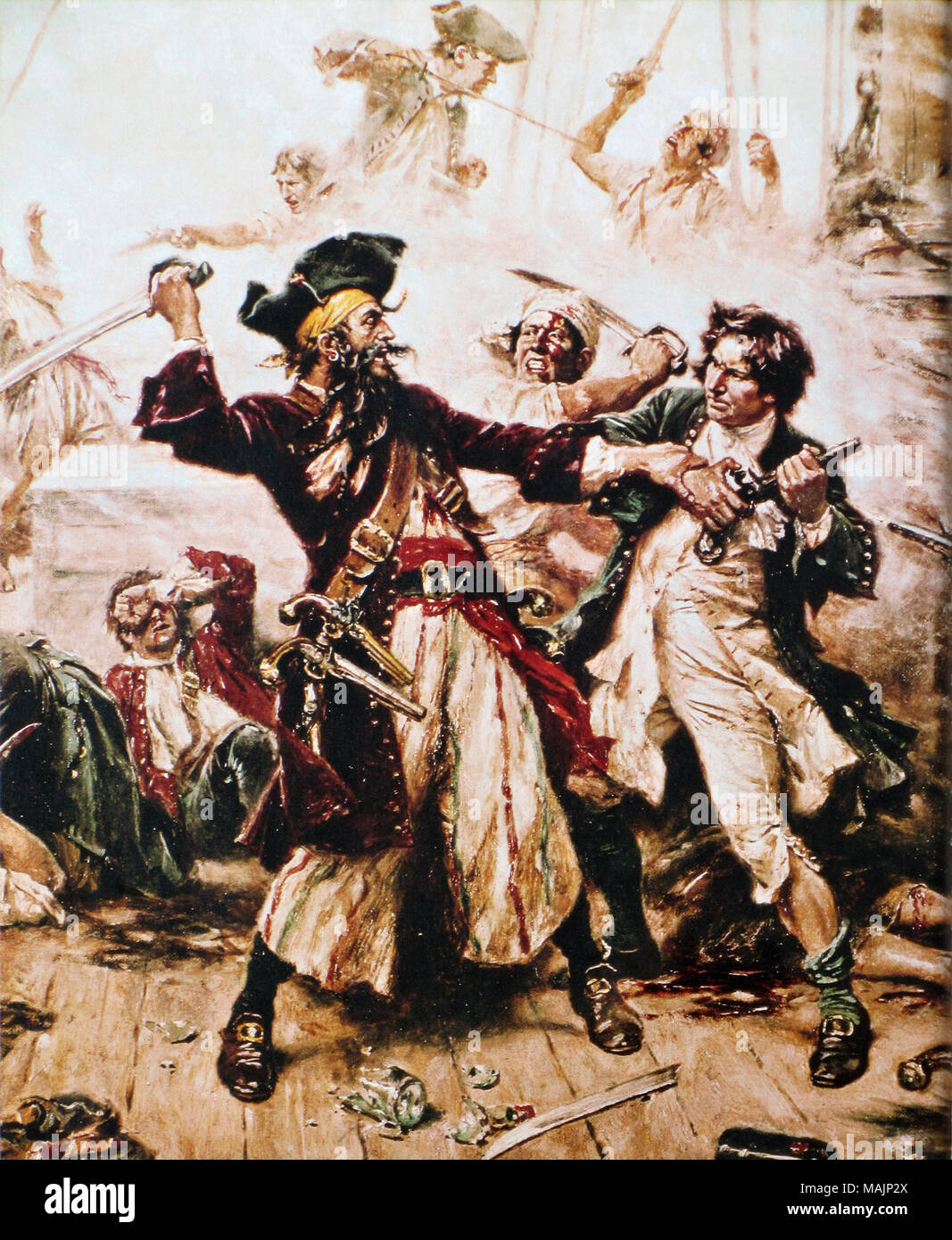 . Capture de la Pirate, Blackbeard, 1718 représentant la bataille entre le pirate barbe noire et le Lieutenant Maynard dans la baie d'Ocracoke . 1920[1] Banque D'Images