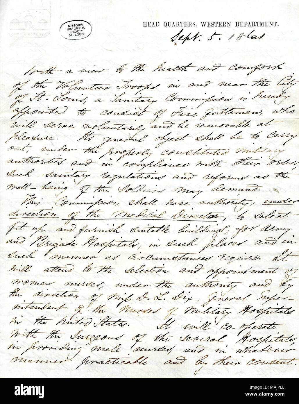 Nomme une Commission sanitaire de cinq collègues qui vont voir à la santé et au confort des troupes de volontaires et près de la ville de Saint Louis, décrit l'étendue de l'autorité de la Commission, et les noms des membres de la Commission : James E. Yeatman, C.S. Greeley, le Dr J.B. Johnson, George Partridge, et Révérend William G. Eliot. Titre : à l'ordre du Major-général John C. Fremont, Head Quarters, de l'Ouest Ministère, le 6 septembre, 1861 . 5 septembre 1861. Fr + Banque D'Images