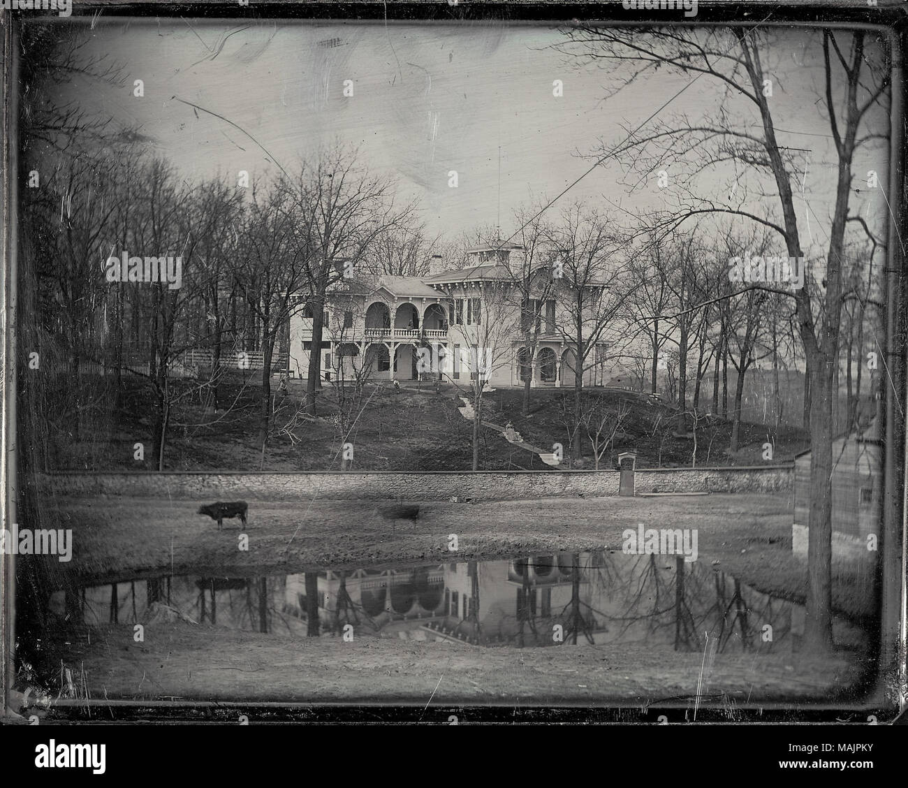 A. W. Fagin Résidence située au 4003 route de Bellefontaine. Une petite collection d'eau et une vache se tenir devant la résidence. De nombreuses femmes s'asseoir sur les marches menant à la chambre d'une passerelle dans un mur en pierre. Une boîte est assis sur la clôture près de la porte, ce qui pourrait être une boîte aux lettres, et d'autres femmes s'asseoir sur le balcon de la chambre et sur la pelouse. Un homme est assis près de la femme sur la pelouse, et la maison est située dans une parcelle d'arbres. Dans la distance à la droite, d'autres l'architecture peut être vu. Titre : A. W., 4003 Résidence Fagin Bellefontaine Road. . 1856. Thomas M. Easterly Banque D'Images