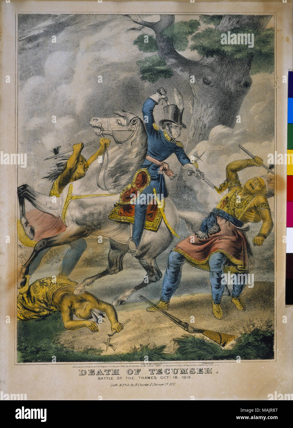 Lithographie couleur vertical montrant le Colonel R. M. Johnson est à cheval attaqué par des Indiens. Il a tué un, est dans le processus de tournage, Tecumseh et est couru à par derrière par un autre qui avait une hache. Titre : 'la mort de Tecumseh. La bataille de la Thames. 18 octobre 1813.'. . 1841. Nathaniel Currier Banque D'Images