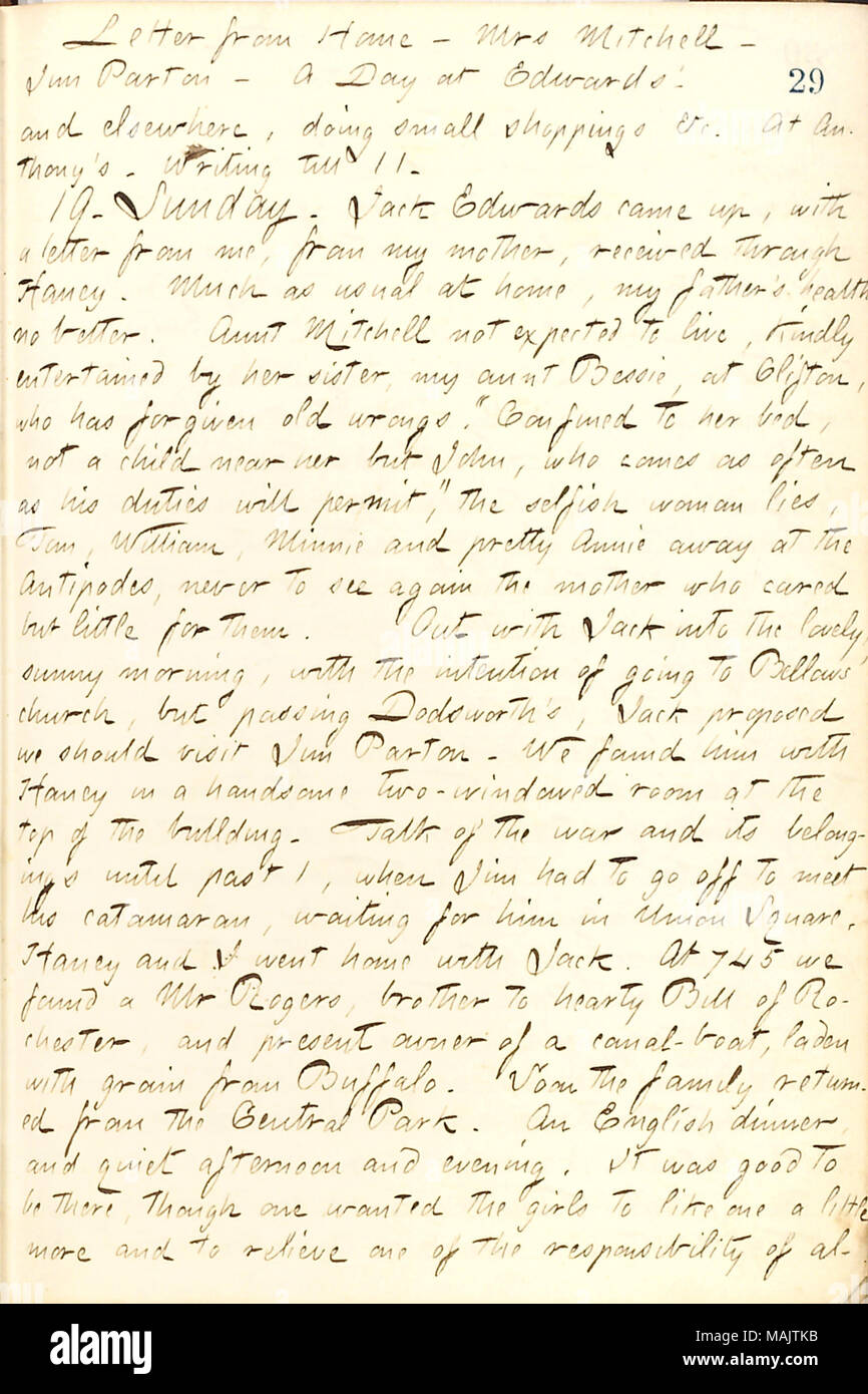 Décrit une visite avec la famille Edwards. Titre : Thomas Butler Gunn Diaries : Volume 21, page 34, Octobre 18, 1862 . 18 octobre 1862. Gunn, Thomas Butler, 1826-1903 Banque D'Images