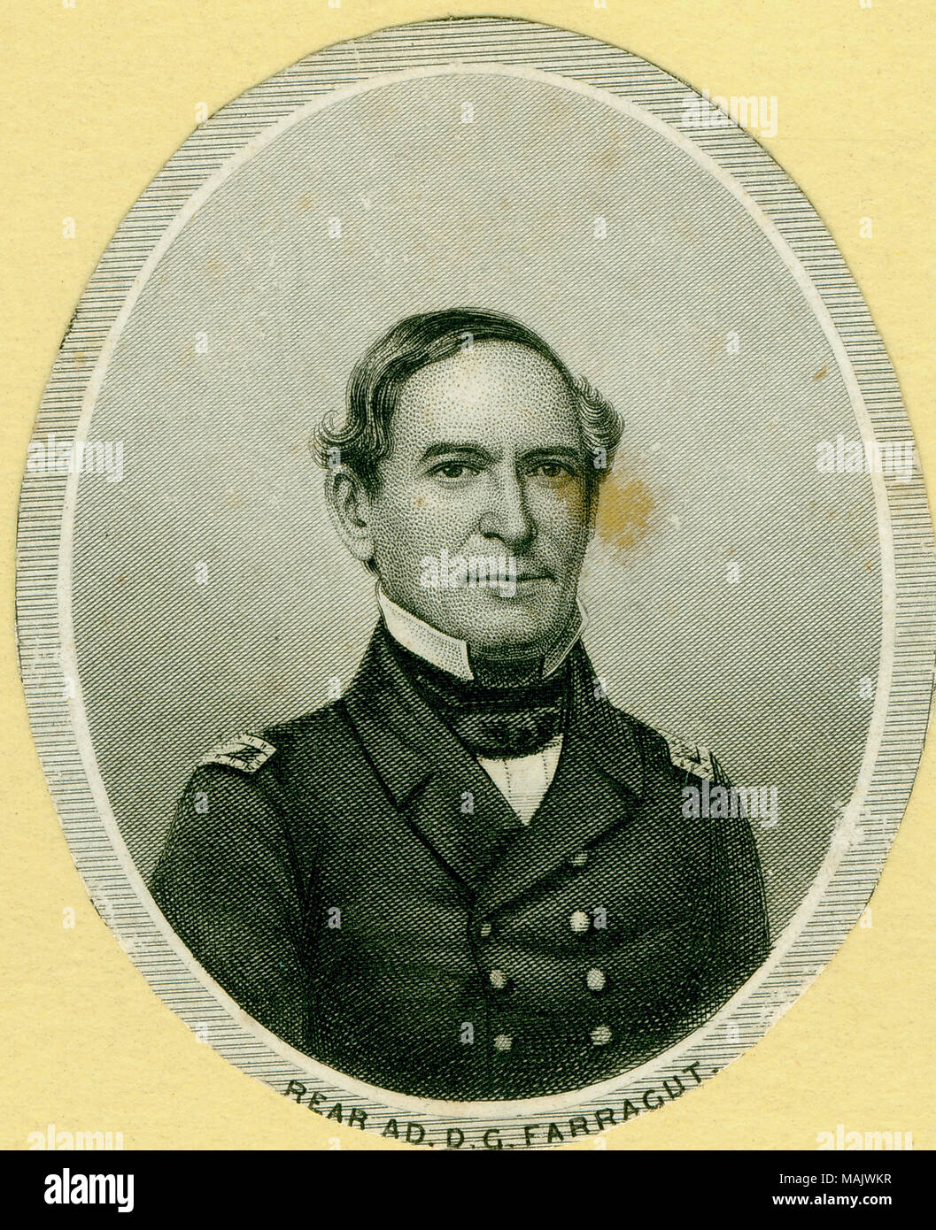Portrait buste d'un homme en uniforme. 'REAR AD. D. G. FARRAGUT.' (imprimé ci-dessous l'image). 'Union européenne. Farragut.' (écrit sur le verso). Titre : 'Ad arrière. D.G. Farragut' (Union européenne). . Entre 1861 et 1865. Banque D'Images
