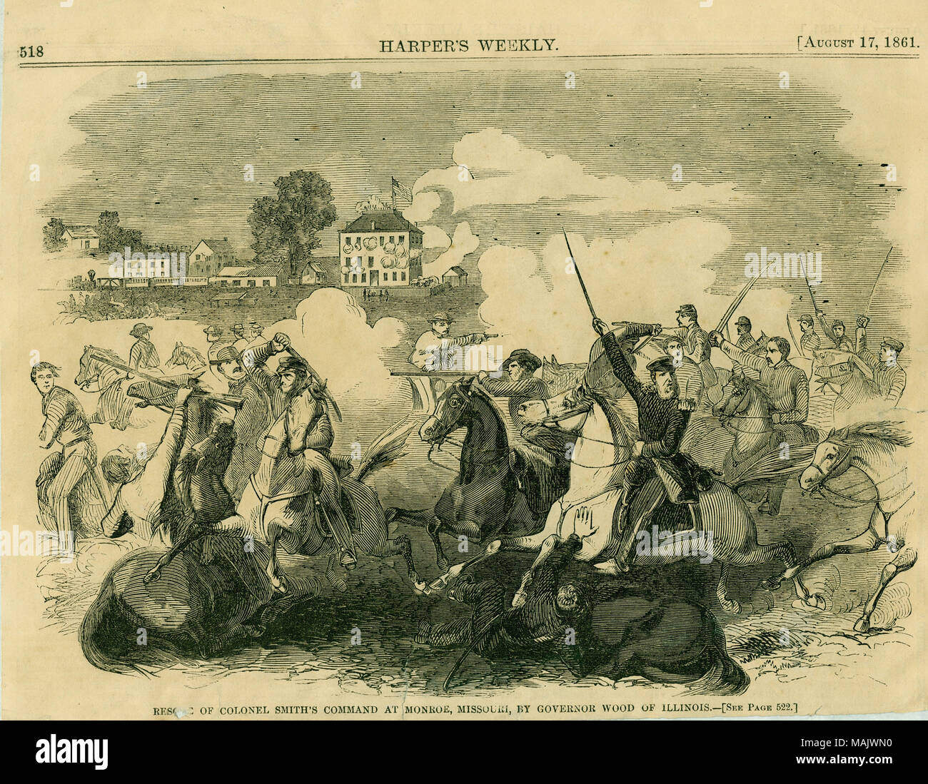 Imprimer de Harper's Weekly de troupes de cavalerie des combats dans le premier plan avec plusieurs bâtiments en arrière-plan, dont la plus grande a un drapeau américain au-dessus de lui. '518 HARPER'S WEEKLY. [17 août 1861.' (imprimé l'image ci-dessus). "Sauver DU COLONEL SMITH COMMANDEMENT À Monroe, Michigan, PAR LE GOUVERNEUR DE L'ILLINOIS EN BOIS. - [Voir page 522.]' (imprimé ci-dessous l'image). Titre : 'Le sauvetage du Colonel Smith Commandement à Monroe, Michigan, par le gouverneur de l'Illinois de bois.' . 17 août 1861. Banque D'Images