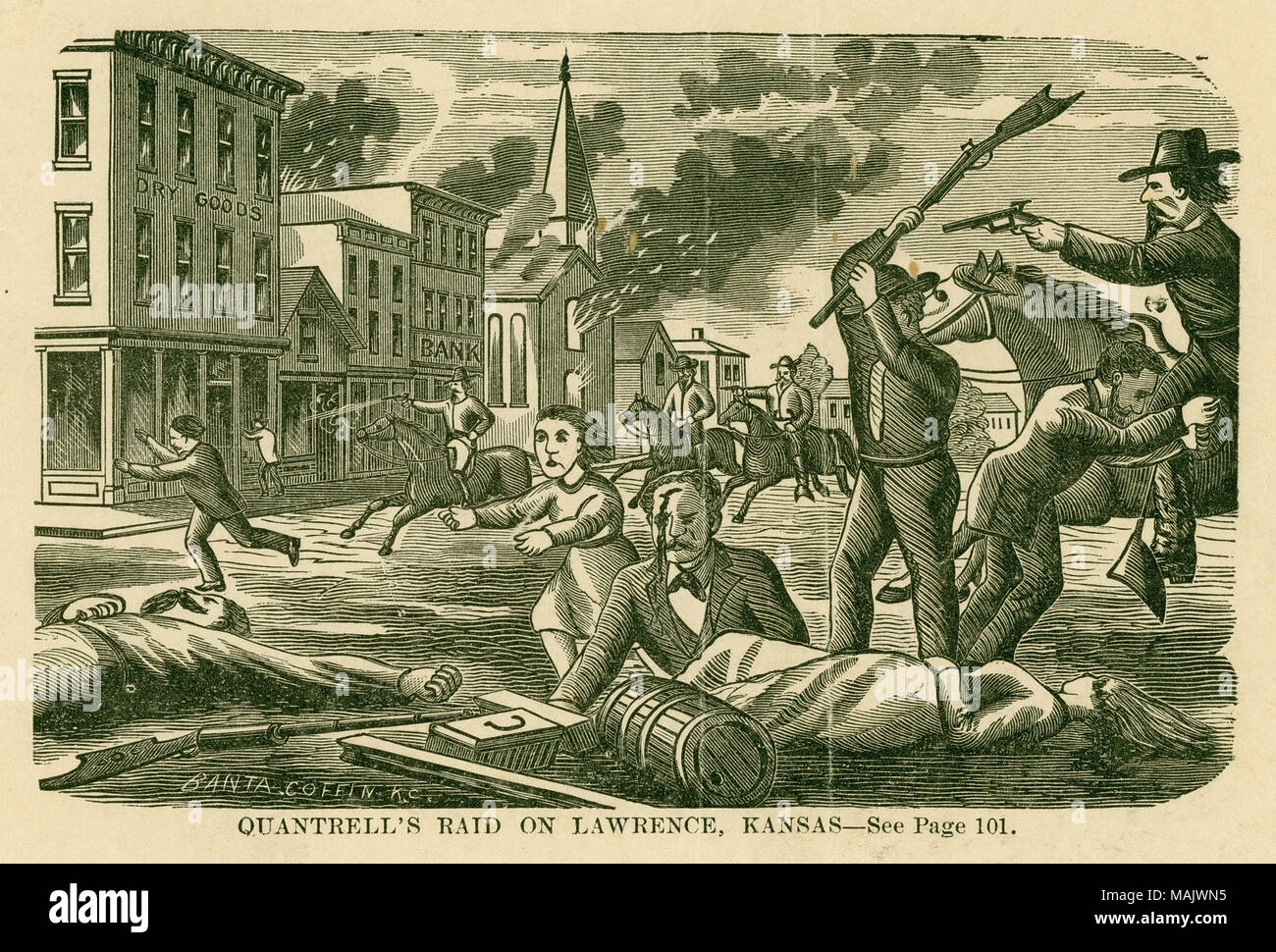 Imprimer d'un homme dans le premier plan avec carabine posée sur sa tête, l'utilisant pour frapper l'homme portant sur le sol qui est le saignement de sa tête et couché à côté d'une femme. Un enfant est en cours d'exécution à l'écart de la scène alors qu'un homme est passé en courant un cheval dont le cavalier a un tiré un pistolet. Il y a des gens courir, brûler des bâtiments, et les hommes à cheval dans l'arrière-plan. Françoise D 'COFFIN K.C.' (écrit sur l'image). 'QUANTRELL'S RAID SUR LAWRENCE, KANSAS - voir page 101.' (imprimé ci-dessous l'image). 'Wm. Clarke Quantrill 1837-65 Gambler a combattu dans la guérilla le 11 août, 1862 Ve Indépendance capturé le capitaine fait ve C. S. A. Banque D'Images