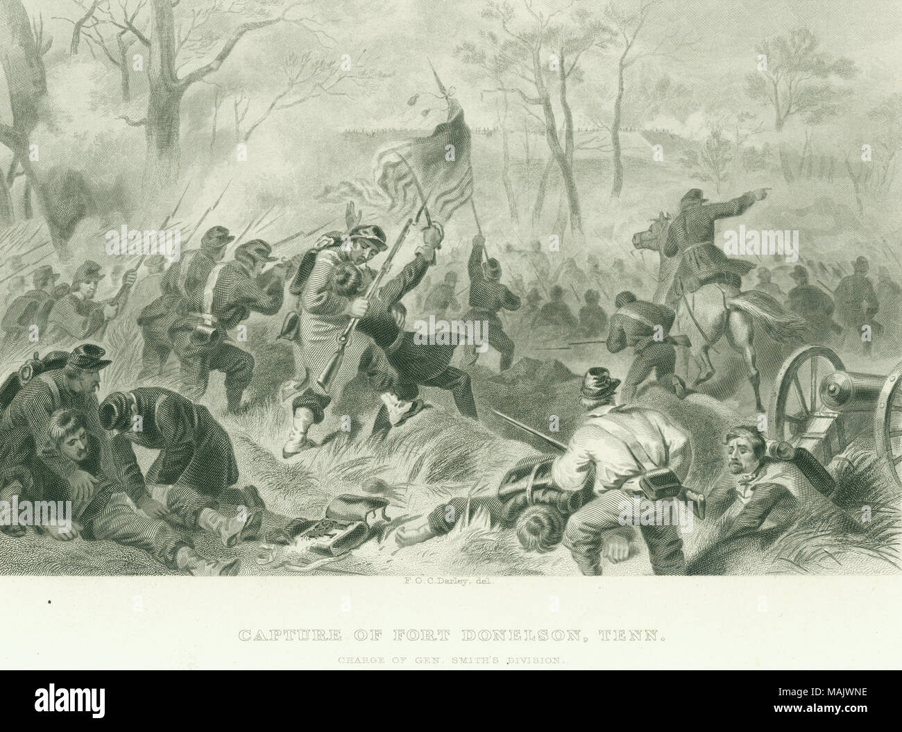 Les troupes de l'Union de l'imprimer en premier plan fort chargement en arrière-plan. Cannon et un homme à cheval et un autre homme l'exercice de l'Union, également en premier plan. 'CAPTURE DU FORT DONELSON, TENN. CHARGE DE GEN. SMITH'S DIVISION.' (imprimé ci-dessous l'image). À partir de : "La Grande Guerre Civile. Tome II Par Robt. Towes, M. D. et Benjamin G. Smith publiée par Viste [ ?] et [ ?] Yorston, 1865' (écrit sur le verso). Titre : 'Capture du Fort Donelson, Tenn. responsable de la Division du général Smith.' . 1865. Gratuit Darley Banque D'Images