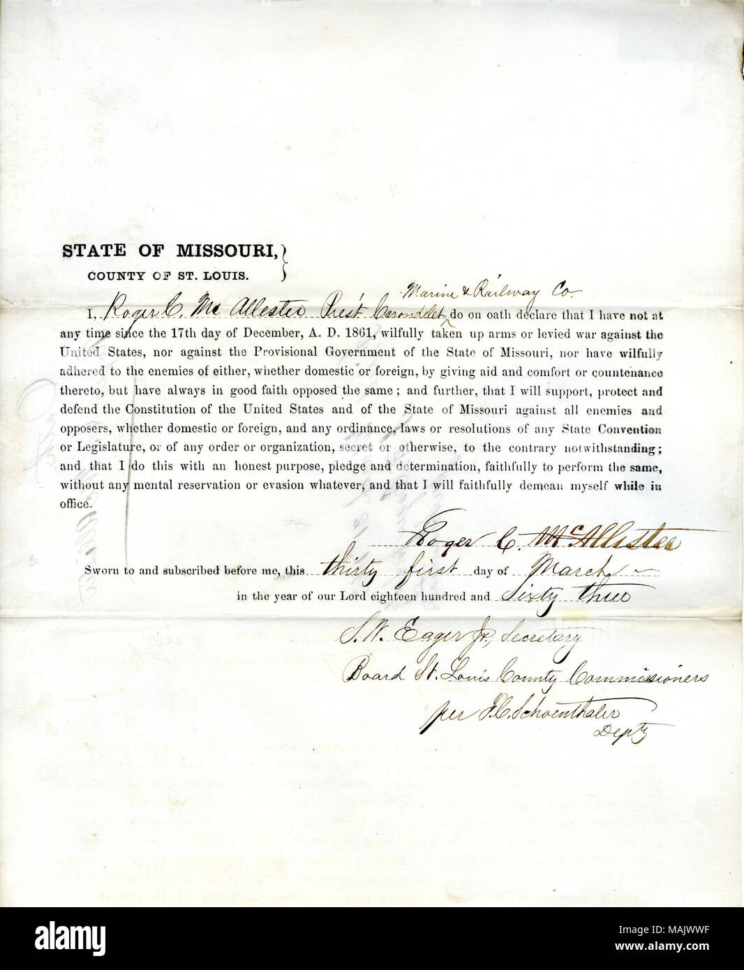Prête serment d'allégeance au Gouvernement des États-Unis et de l'État du Missouri. Titre : serment de fidélité Roger C. McAllister du Missouri, dans le comté de Saint Louis . 31 mars 1863. McAllister, R.C. Banque D'Images