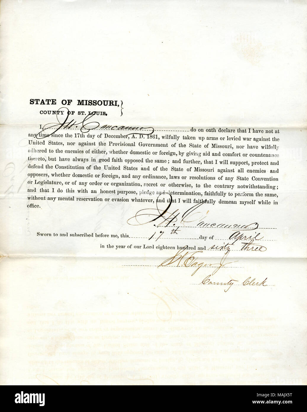 Prête serment d'allégeance au Gouvernement des États-Unis et de l'État du Missouri. Titre : serment de loyauté de J. H. Concannon du Missouri, dans le comté de Saint Louis . 17 avril 1863. Concannon, J.H. Banque D'Images