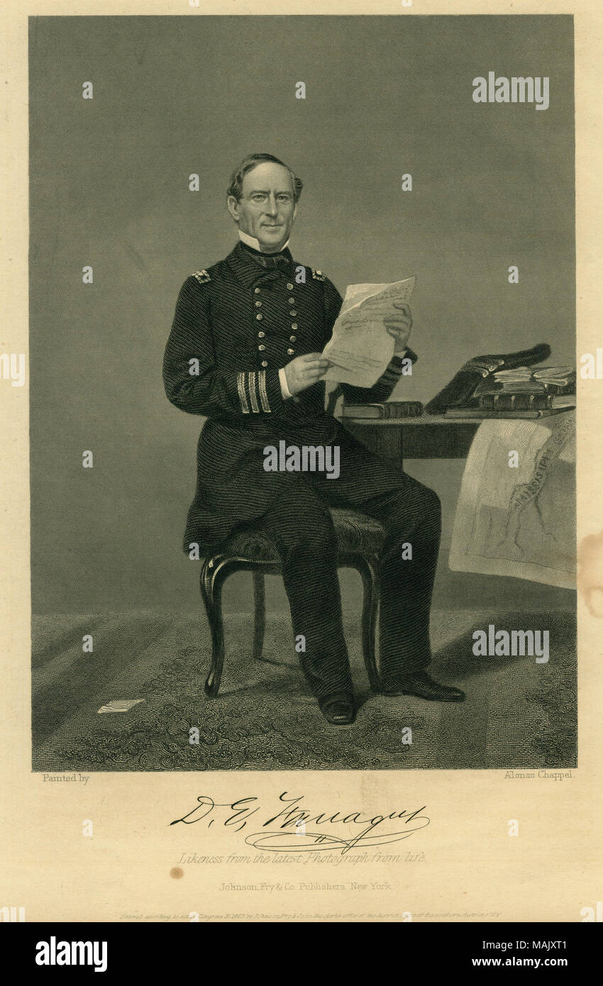 Imprimer de l'amiral Farragut en uniforme, assis à côté d'une table et de tenue des documents. 'D. E. Farragut" (signature imprimée sous l'image). Imprimer tirée d'un livre publié par Johnson, Fry et Co., New York. Peint par Alonzo Chappel. Titre : 'adm. David Farragut' (Union européenne). . 1863. Alonzo Chappel - Banque D'Images