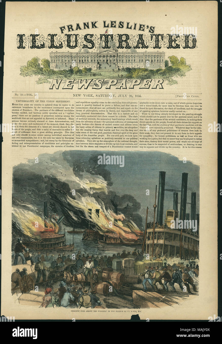 La gravure sur bois en couleur d'un quai bondé avec plusieurs bateaux à vapeur enveloppé de flammes. L'image est sur la moitié inférieure de la page de Frank Leslie's Illustrated Newspaper pour samedi, 26 juillet 1856. N° 33 vol. II, p. 97. Histoire liée à l'image sur l'arrière de l'impression (p. 98) Le texte dit : "Entre 5 et 6 heures le mercredi matin le 2d de juillet, un incendie a éclaté dans la cabine de l'steamboat Sainte-claire, située à l'extrême fin du palier supérieur, qui a immédiatement communiqué à la Paul Anderson, au-dessous d'elle, et avant que de nombreux moments tous deux ont été enveloppé par les flammes. Les aussières wer Banque D'Images