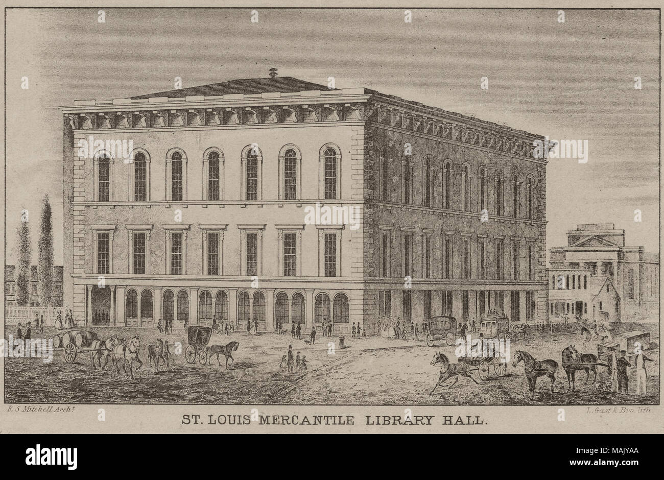 De Hogan, 'Réflexions sur la ville de Saint Louis", 1854. Titre : Bibliothèque Mercantile à l'angle sud-ouest de Broadway et Locust Street. . 1854. Gast août et de l'entreprise Banque D'Images