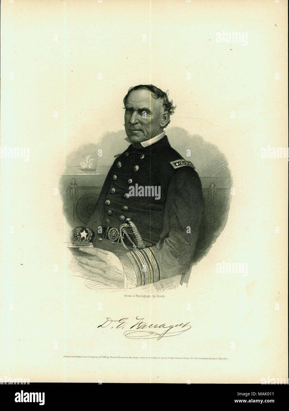 Portrait de mi-longueur d'un homme assis en uniforme avec une épée et tenant un chapeau. Il y a un navire à l'arrière-plan. 'D. E. Farragut" (signature imprimée sous l'image). À partir de : "La Grande Guerre Civile - Vo. II Par Robt. Tomes, M. D. et Benjamin G. Smith New York la vertu et Yorston 12 Dey [ ?] Street 1865' (écrit sur le verso). Extrait de "la Grande Guerre Civile, vol. II.' par Robert Tomes, M.D. et Benjamin G. Smith. Livre a été publié par la vertu et Yorston, 1865. Titre : David, l'amiral Farragut (Union européenne). . 1865. Brady Banque D'Images
