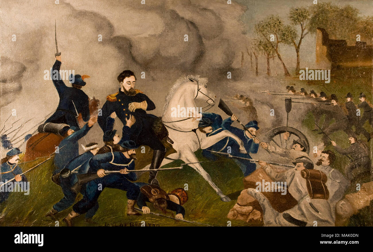 La scène de la mort du général Nathaniel Lyon (1818-1861) à la bataille de Wilson's Creek, la première mort d'un général de l'Union dans la guerre civile. Lyon est mort d'une balle dans la poitrine. Titre : Peinture à l'huile, "chute du Général Lyon' . après 1864. Banque D'Images