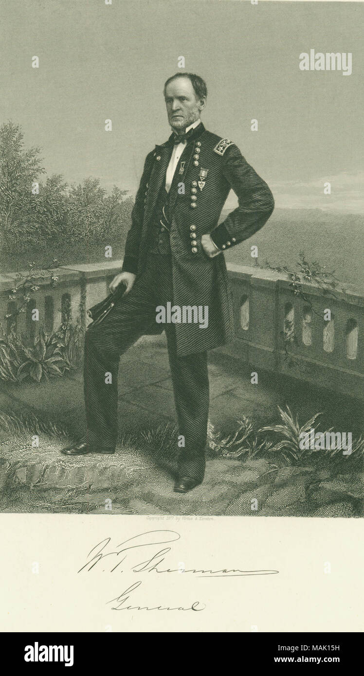 Portrait en pied d'un homme en uniforme. 'W. T. Sherman général' (signature imprimée sous l'image). À partir de : "La Grande Guerre Civile - tome III par Robt. Tomes, M. D. et Benjamin G. Smith New York la vertu et Yorston 12 Dey [ ?] Street" (écrit sur le verso). Extrait de "la Grande Guerre Civile' vol. III, par Robert Tomes, M.D. et Benjamin G. Smith. Livre a été publié par la vertu et Yorston, 1865. Titre : William T. Sherman, général (Union européenne). . 1877. Banque D'Images