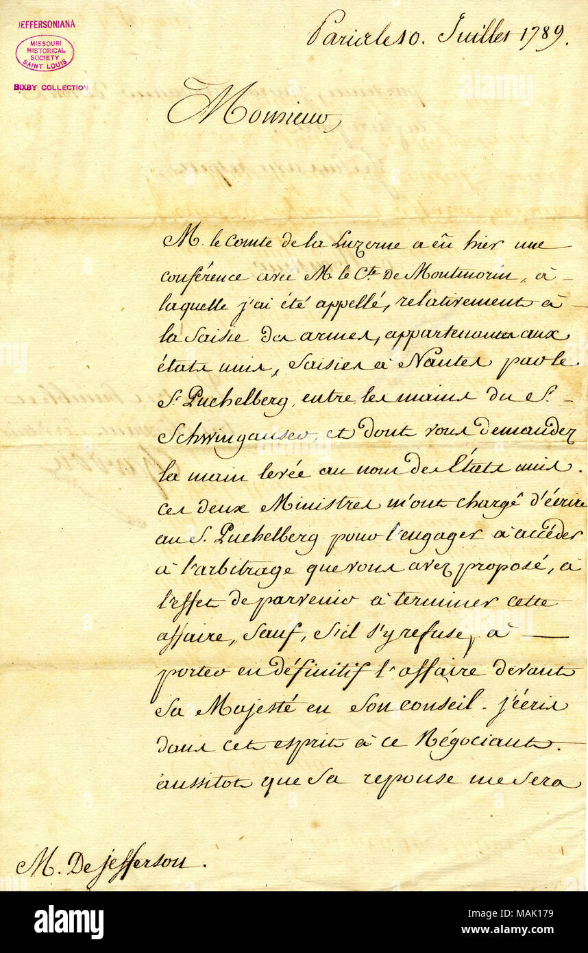Écrit comme un négociateur dans un différend portant sur la marine française et sa saisie d'armes américaines. Titre : lettre signée Chardon, Paris, à Thomas Jefferson, le 10 juillet 1789 . 10 juillet 1789. Chardon Banque D'Images