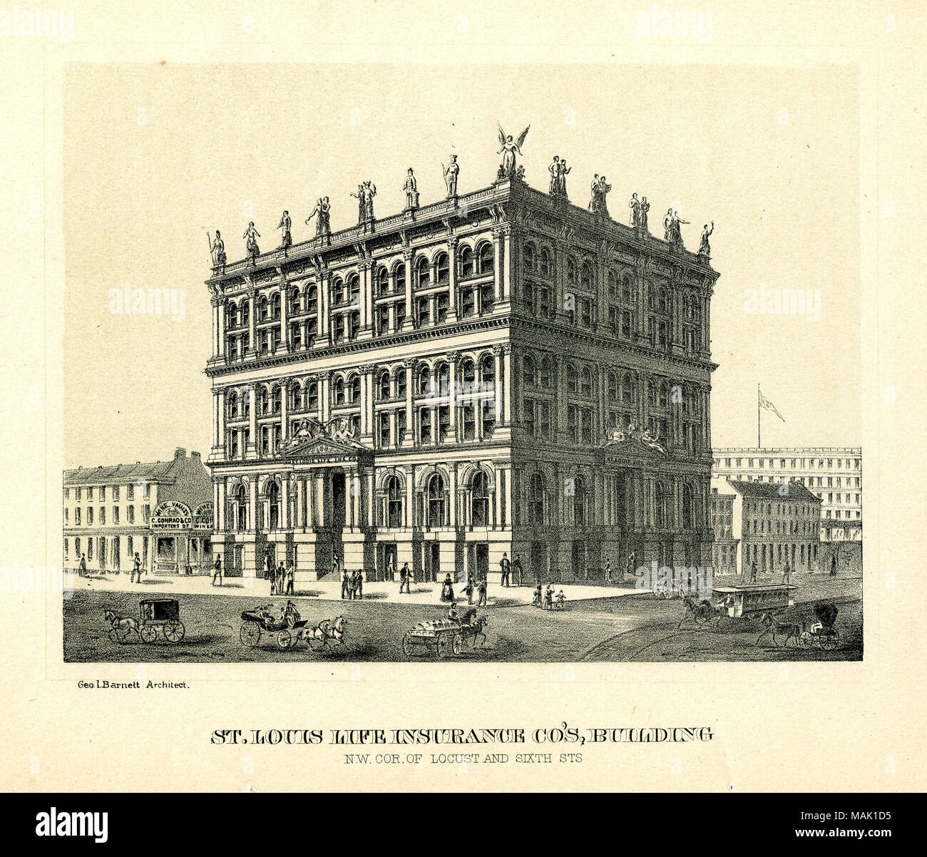 À l'horizontal, sépia impression d'un édifice de six étages avec des chiffres sur le haut. Il y a des gens et des véhicules sur la rue et les trottoirs autour du bâtiment. D'autres bâtiments sont aussi visibles de chaque côté. Aussi appelé l'immeuble ou à l'Équitable Compagnie Mutuelle d'immeuble. L'image est de l'Album de Saint Louis, 1878 Titre : St Louis Bâtiment d'assurance-vie, coin nord-ouest de sixième de criquets et de rues. . 1878. Banque D'Images