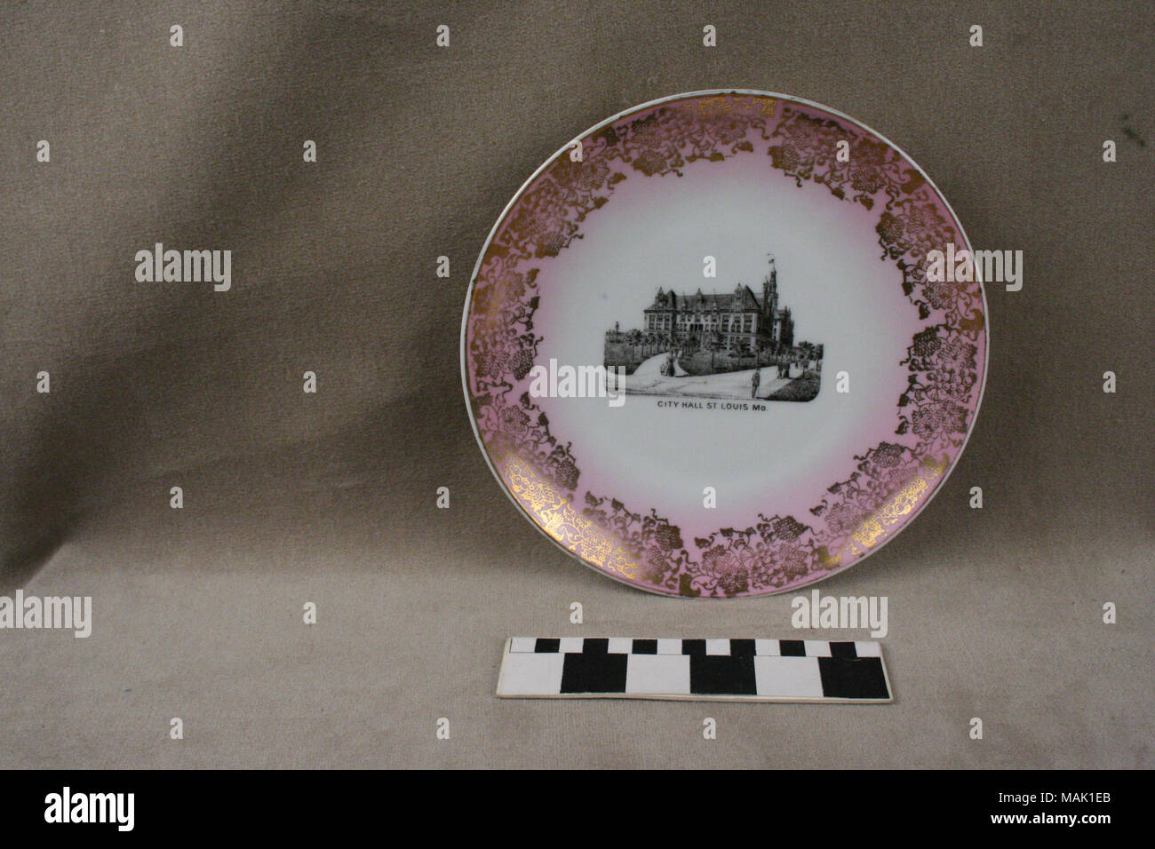 Dîner en céramique blanche plaque taille dispose d'une large bordure rose et or avec un décor de vigne black transférer l'image de l'hôtel de ville de St Louis. C'est probablement un souvenir à la foire mondiale de 1904. Titre : plaque en céramique blanche et rose noir avec droit de transfert de l'Hôtel de ville en 1904 Saint Louis . probablement. Banque D'Images