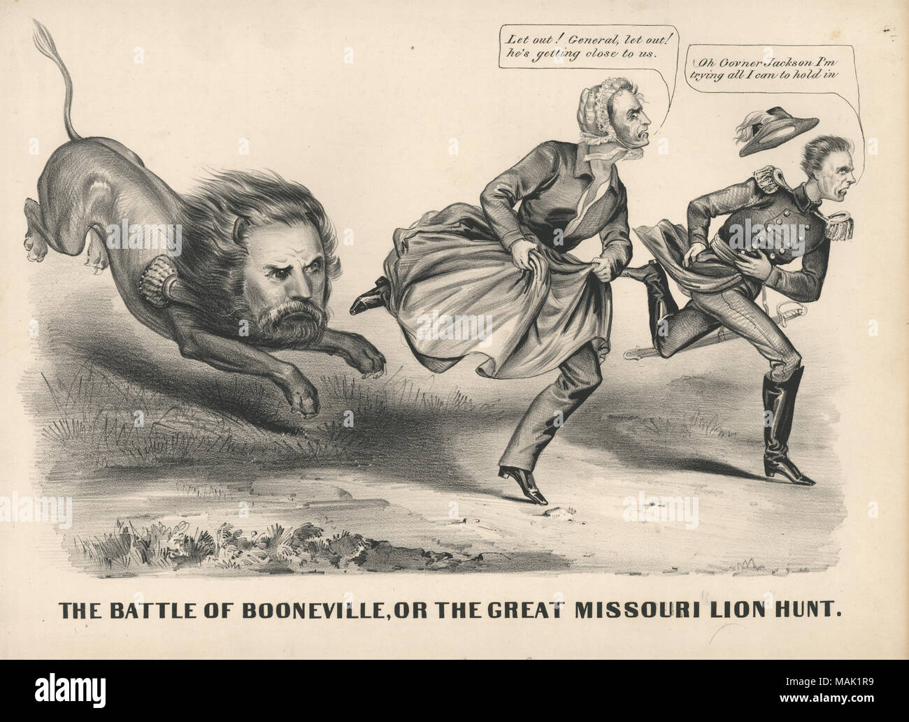 Croquis d'un lion avec le général Lyon's face et chassant les épaulettes de caricatures du Gov. Jackson dans une robe de femme et d'un général en uniforme (Gn. Prix ?). "Let out ! Général, et encore ! Il est devenu proche de nous.' (écrit au-dessus de gouverneur Jackson). 'Oh Govner Jackson J'essaie tout ce que je peux pour tenir dans' (écrit au-dessus en général). 'La BATAILLE DE BOONEVILLE, OU LA GRANDE CHASSE AU LION MISSOURI.' (image ci-dessous). Titre : 'La Bataille de Booneville, ou la grande chasse au lion Missouri.' . 1861. Banque D'Images
