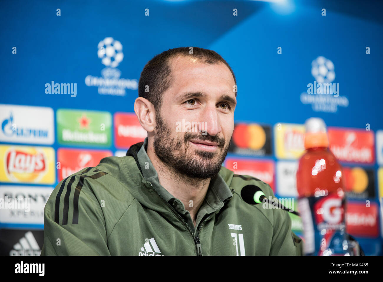 Turin, Italie. Apr 02, 2018. Giorgio Chiellini Juventus FC au cours de la conférence de presse avant l'UFC mathc contre de vrais Mardird. Allianz Stadium, Turin, Italie Le 02 avril 2018 Credit : Alberto Gandolfo/Pacific Press/Alamy Live News Banque D'Images