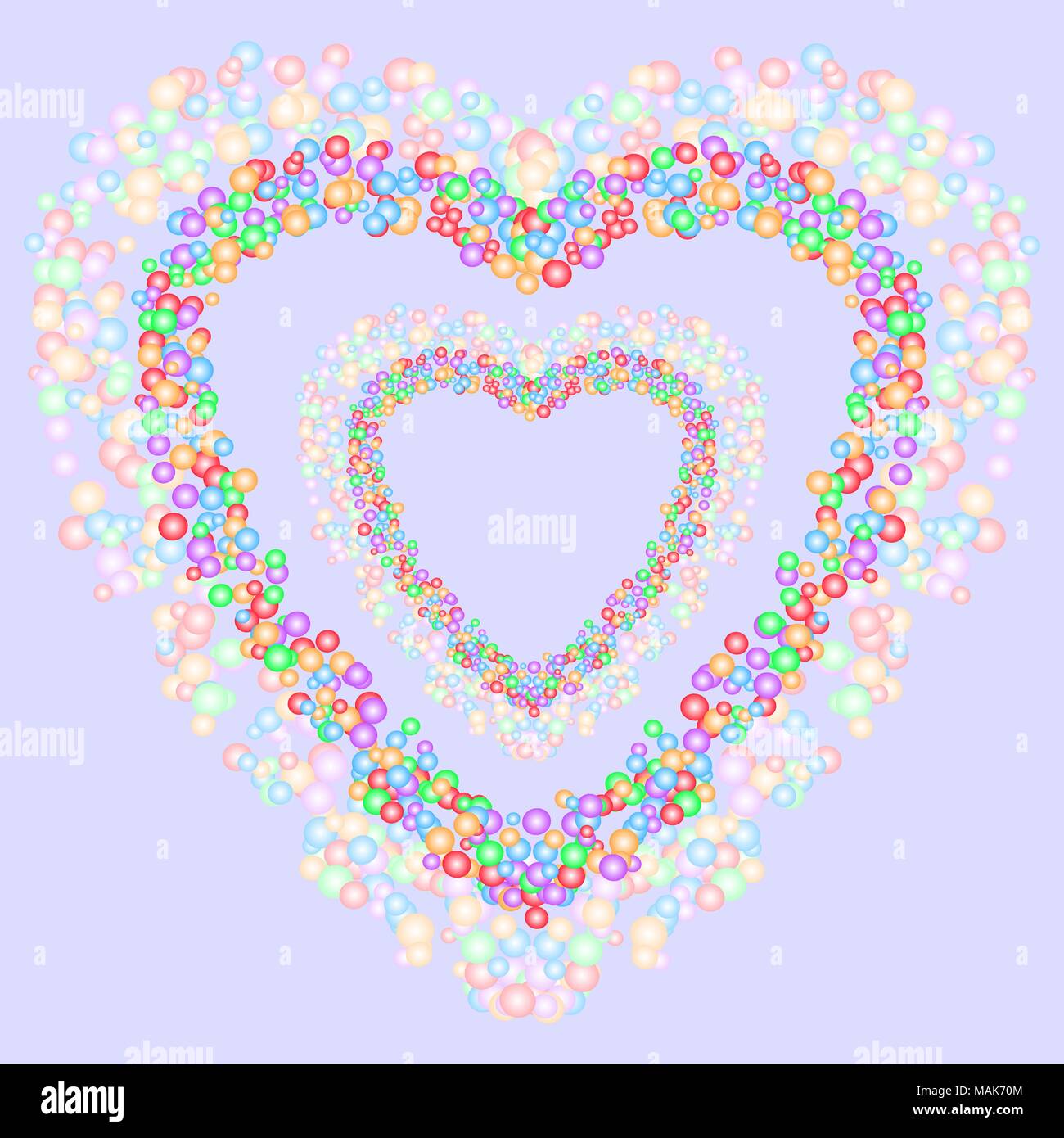 Motif en forme de coeur formé par des bulles colorées de différentes tailles sur fond gris bleuté. Vector illustration. Illustration de Vecteur
