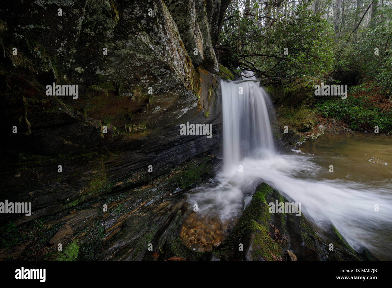 Raper Creek Falls est situé au nord de la Géorgie dans le comté de Habersham. Les chutes sont à environ 15 m de hauteur et unique dans l'aspect que le flux est en cours d'exécution sur un plateau rock diagonale avant de tomber dans la piscine ci-dessous. Banque D'Images