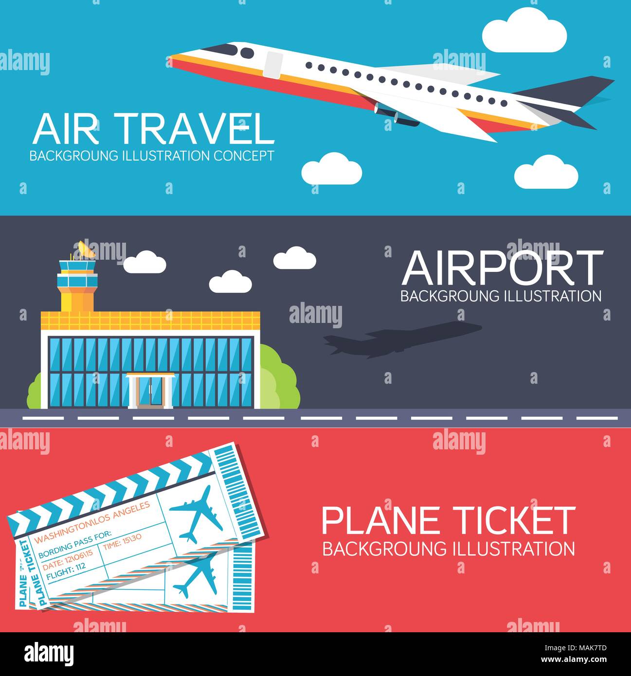 Télévision avec l'aéroport de construction d''avion en vol et billet d'une bannière ou d'un concept carte. Vector illustration pour modèle coloré pour vous design, web et applications mobiles Illustration de Vecteur