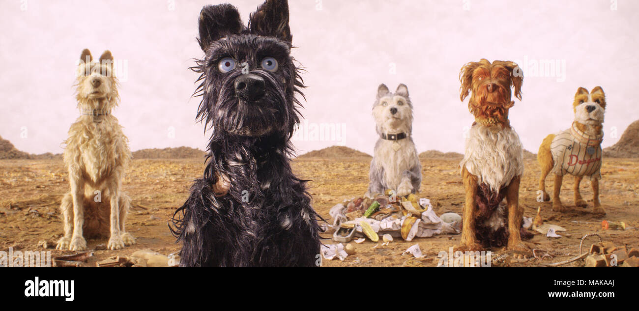 ISLE OF DOGS, de gauche : Rex (voix : Edward Norton), chef (voix : Bryan Cranston), Duc (voix : Jeff Goldblum), le Roi (voix : Bob Balaban), patron (voix : Bill Murray), 2018. TM & © copyright Fox Searchlight Pictures. Tous droits réservés. /Courtesy Everett Collection Banque D'Images