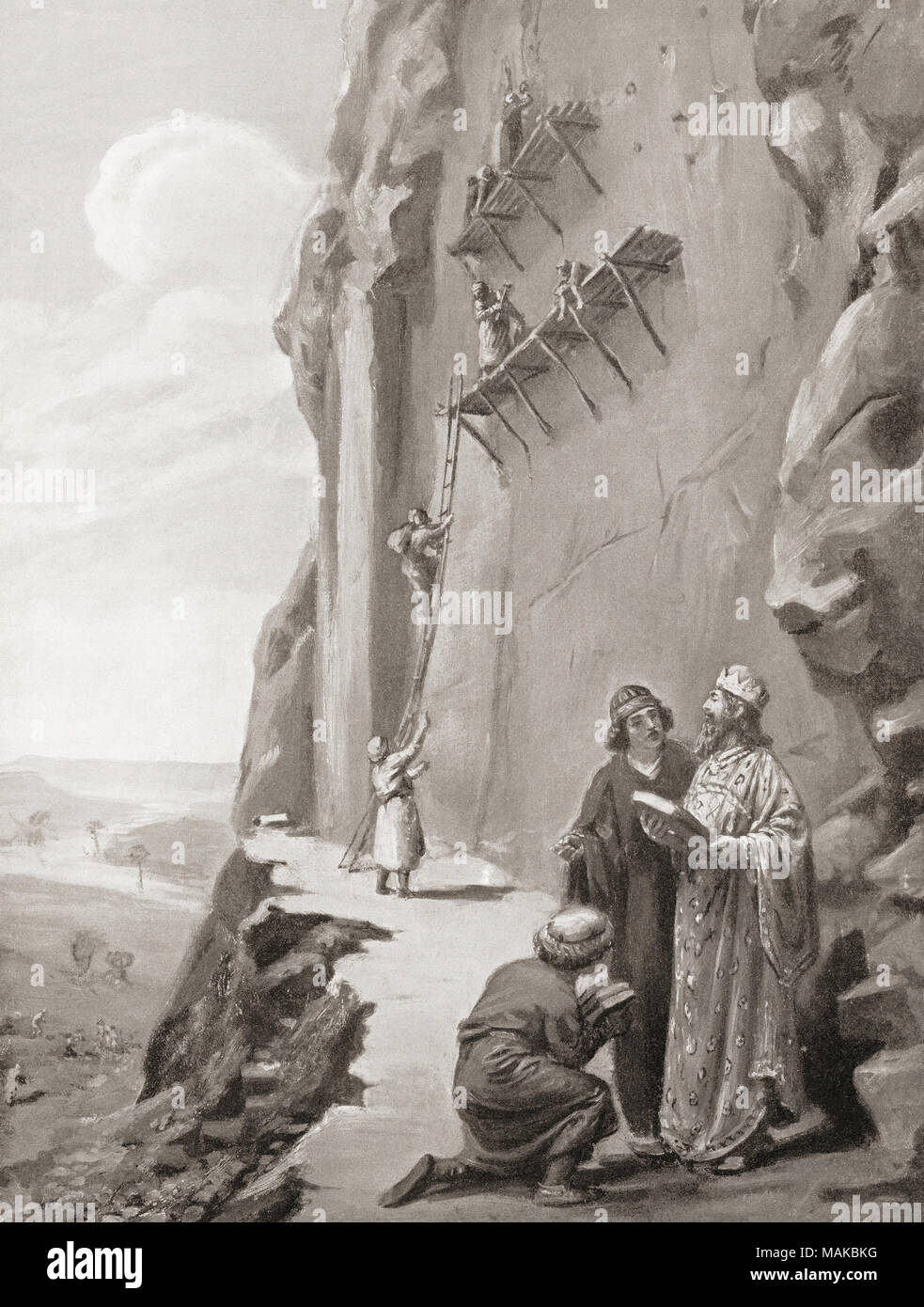 Darius I Contrôle de l'inscription de Behistun, Mont Behistun, province de Kermanshah, Iran, (anciennement la Perse). Il avait la face de la falaise creusée d'enregistrer ses conquêtes. Darius I, Darius le Grand, ch. 550-486 BCE. Quatrième roi de l'Empire achéménide de Perse. Après la peinture de Margaret Dovaston, (1884-1954). L'histoire de Hutchinson de l'ONU, publié 1915 Banque D'Images