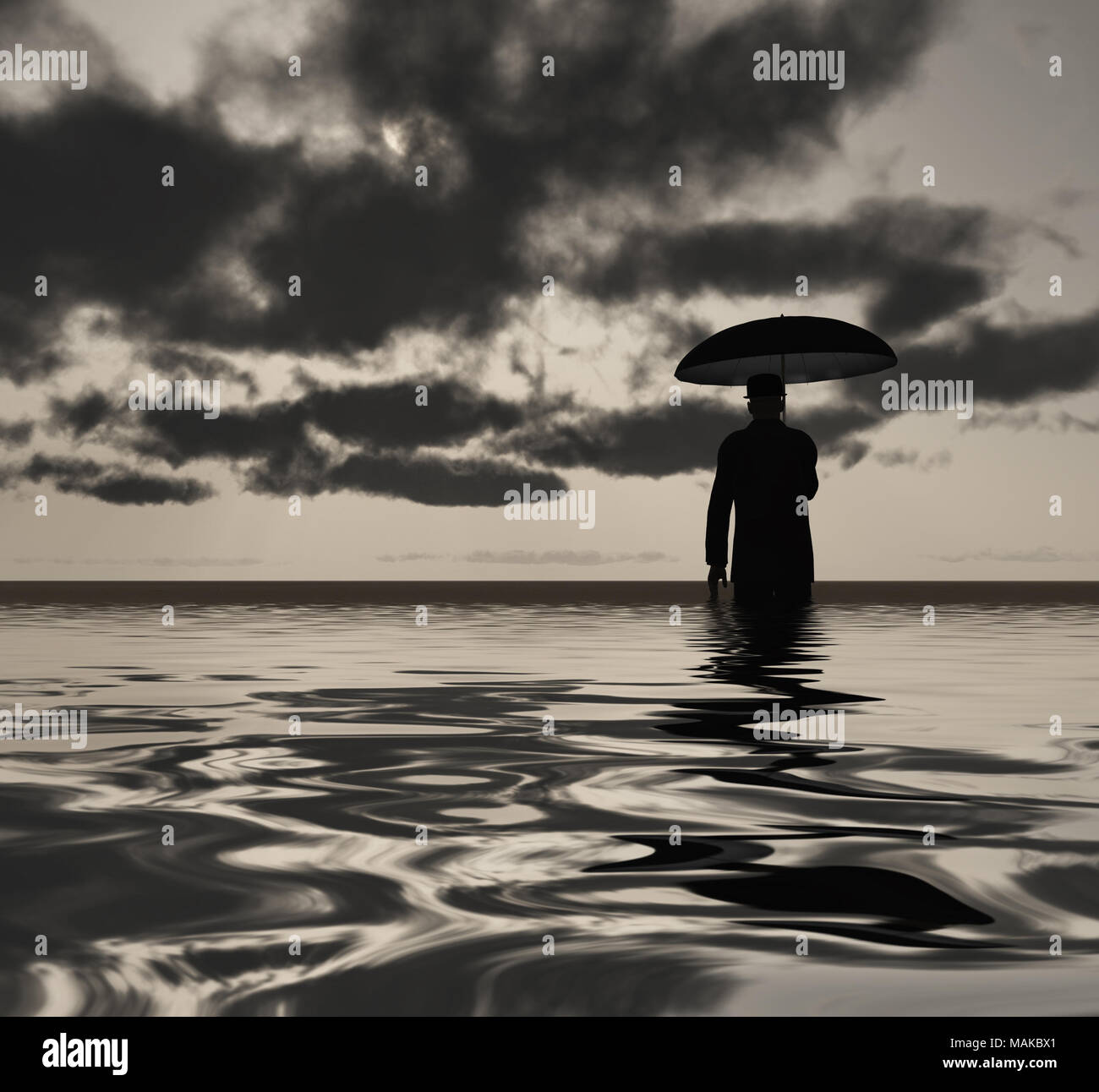 Homme avec un parapluie. Photo noir et blanc. Banque D'Images