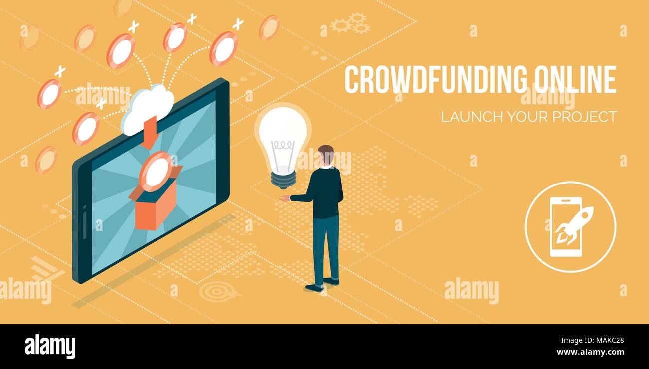 Entrepreneur Créatif qui reçoivent des contributions pour son projet en ligne si une plate-forme de crowdfunding sur un smartphone Illustration de Vecteur