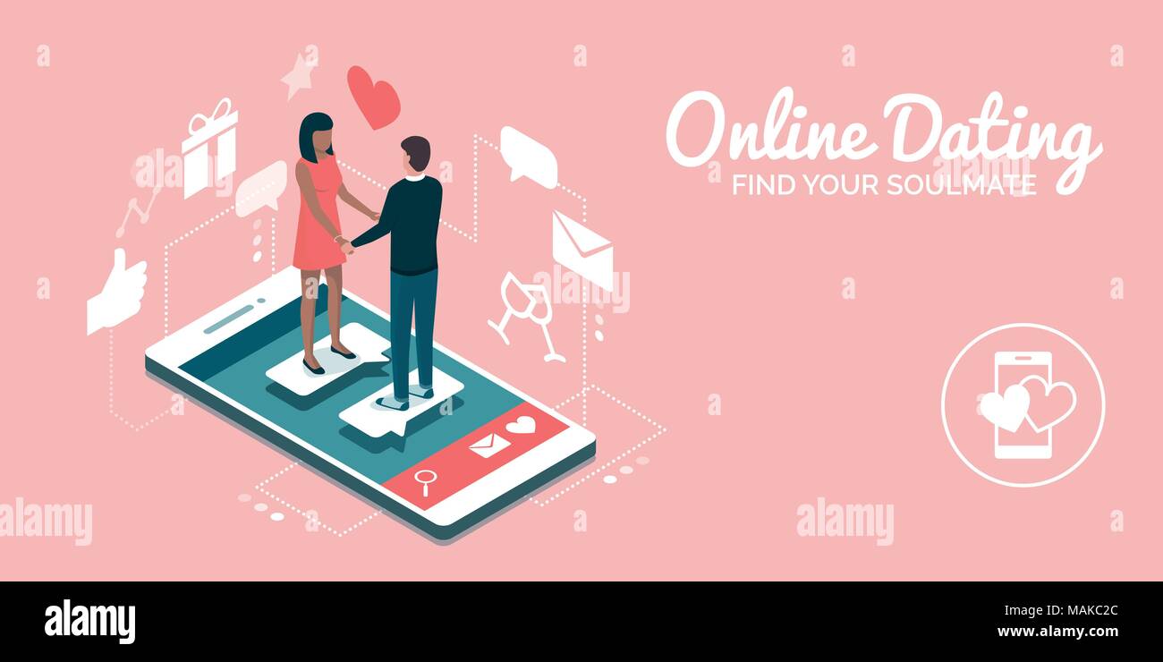 Rencontre couple en ligne sur un site de l'app, ils sont un match parfait : les médias sociaux et les relations concept Illustration de Vecteur