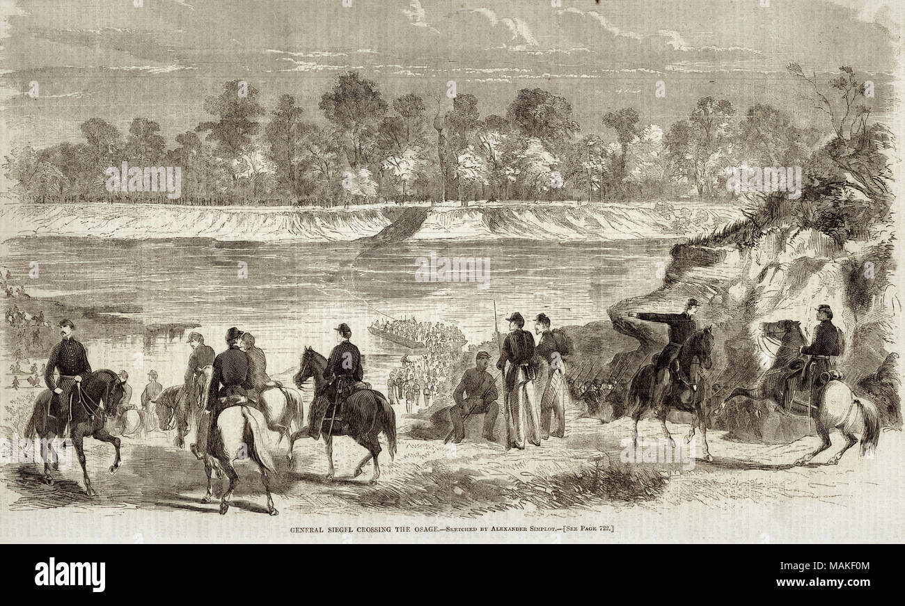 Les troupes de l'Union de l'impression de traverser une rivière sur une barge. Novembre 16, 1861 '.] HARPER'S WEEKLY. 729' (imprimé le long du bord supérieur de la coupure de journal). Le passage 'GÉNÉRAL SIEGEL OSAGE. - Dessinés par ALEXANDER SIMPLOT. - [Voir page 722.]' (imprimé ci-dessous l'image). Imprimer prises de Harper's Weekly. Titre : 'Général Siegel traverser l'Osage.' . 16 novembre 1861. Alexander Simplot Banque D'Images