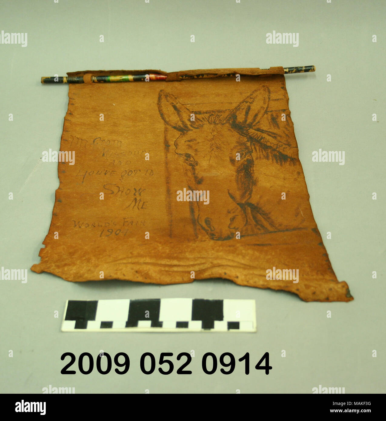 Avec un bandeau de cuir brûlé en image d'une mule. La bannière est suspendu à une tringle du goujon. C'est un souvenir de la 1904 World ?s juste. Titre : bannière avec cuir brûlé en image d'un mulet accrochées sur tringle du goujon peint . 1904. Banque D'Images