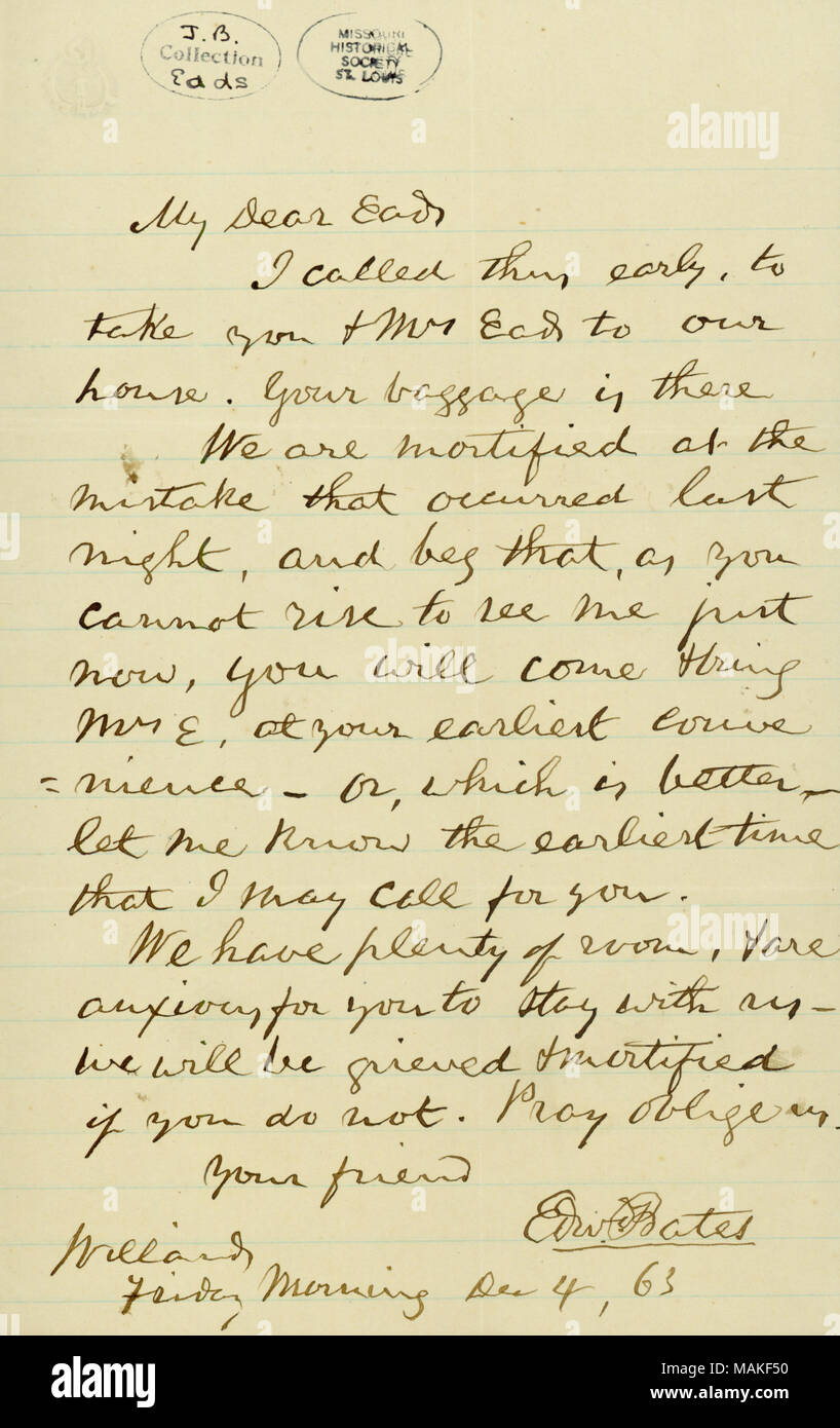 Lettre de l'Edw. Pour Bates [James] EADS, le 4 décembre 1863 . 4 décembre 1863. Bates, Edward, 1793-1869 Banque D'Images