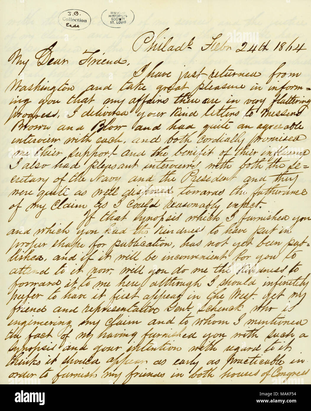 Lettre de R.N. Stembel à J.B. Eads, le 24 février 1864 . 24 février 1864. Stembel, Roger Nelson, 1810-1900 Banque D'Images
