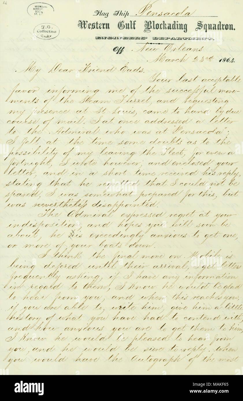 Lettre de W.H. Choc à Jas. B. EADS, le 23 mars 1864 . 23 mars 1864. Choc, William H. (William Henry), 1821- Banque D'Images