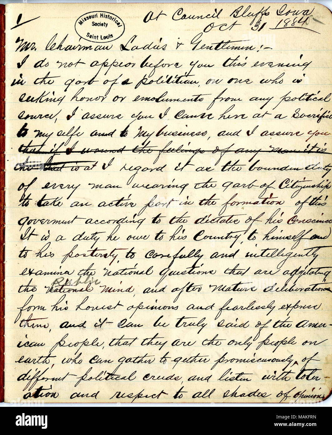 Rendu à Council Bluffs, Iowa, le 31 octobre 1884. L'avant du journal officiel indique 'exercices.' Title : discours manuscrit de John O'Keefe sur American political parties, le 31 octobre 1884 . 31 octobre 1884. O'Keefe, John, 1847-1923 Banque D'Images