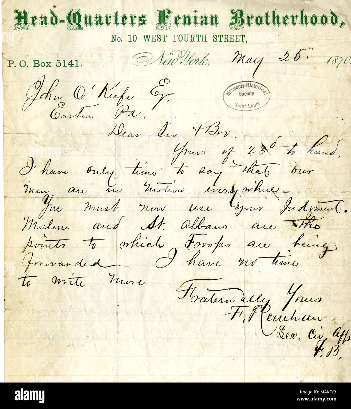 Titre : lettre signée F. Renehan, siège, Fenian Brotherhood, New York, à John O'Keefe, Easton, Pennsylvanie, le 25 mai 1870 . 25 mai 1870. Renehan, F. Banque D'Images