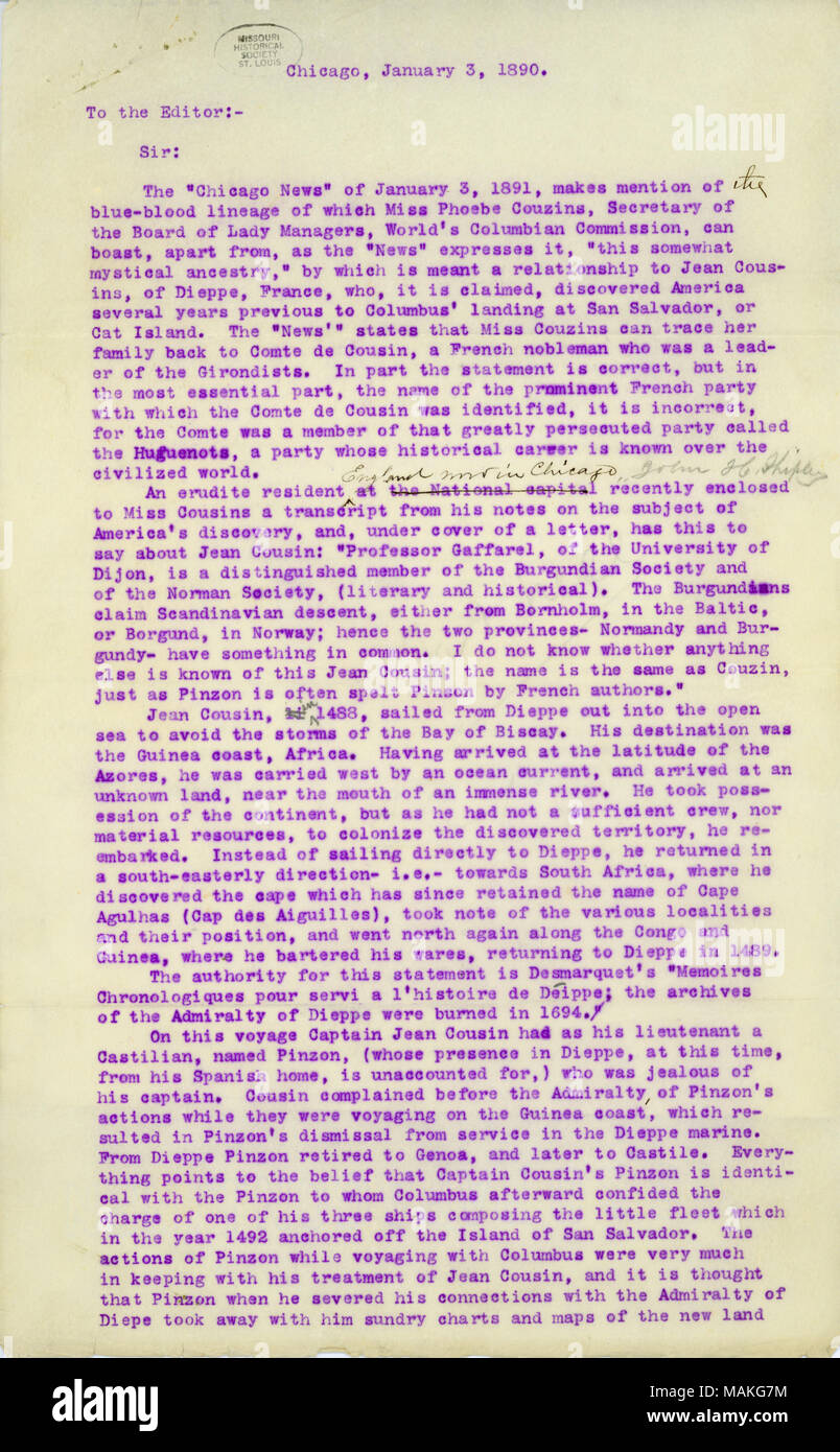 Traite d'un ancêtre de Phoebe Couzins nommé Jean Cousin qui aurait découvert l'Amérique avant Christophe Colomb. Notice biographique de Jean comprend Cousin et notes concernant le castillan Alonzo Pinzon de Colomb + ?- ?- ? Traduit de l'équipage, les Decouvreurs Francais du XIV siècle XVI un par Paul Gaffarel (Paris, 1888) Titre : Écrire une lettre de Sénèque à l'éditeur du Chicago News, 3 janvier 1891 . 3 janvier 1891. Banque D'Images