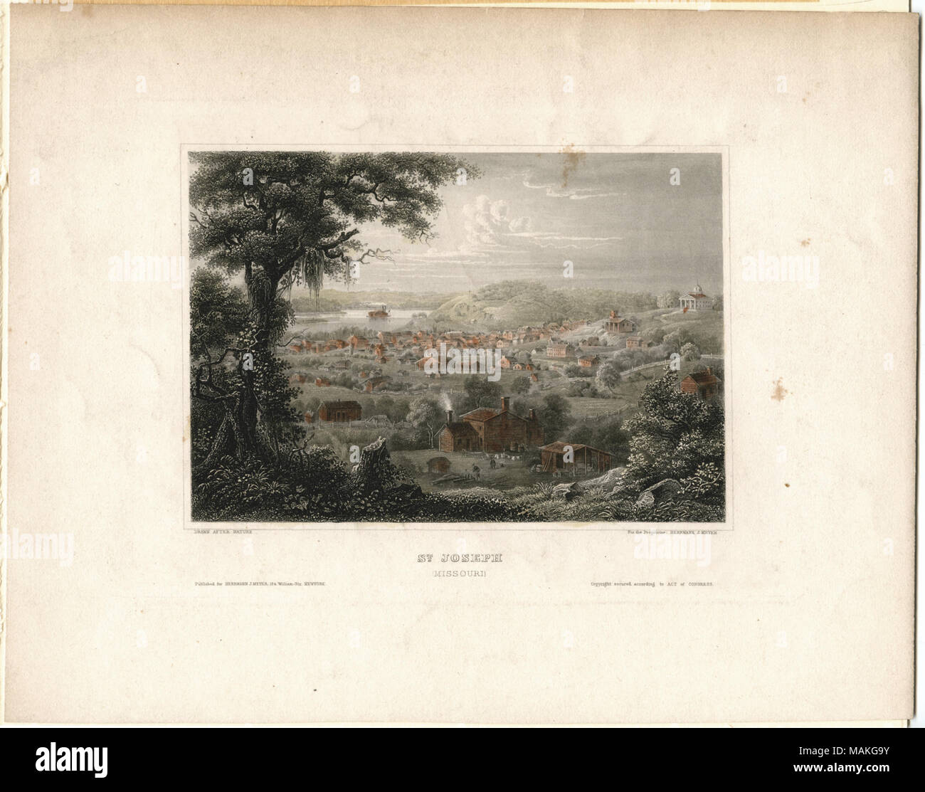 Gravure sur acier horizontal vers le bas à la hauteur d'un sur une ville le long d'une rivière. Il y a un bateau à vapeur sur la rivière en arrière-plan. Titre : 't. Joseph (Missouri).' . Entre 1852 et 1853. Banque D'Images