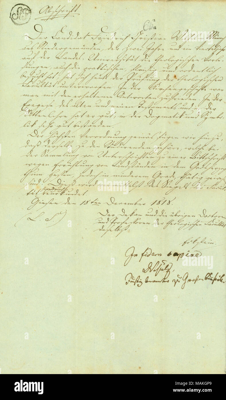 Titre : certificat de l'Université de Gissen à Friedrich Muench, Décembre 18, 1818 . 18 décembre 1818. Banque D'Images