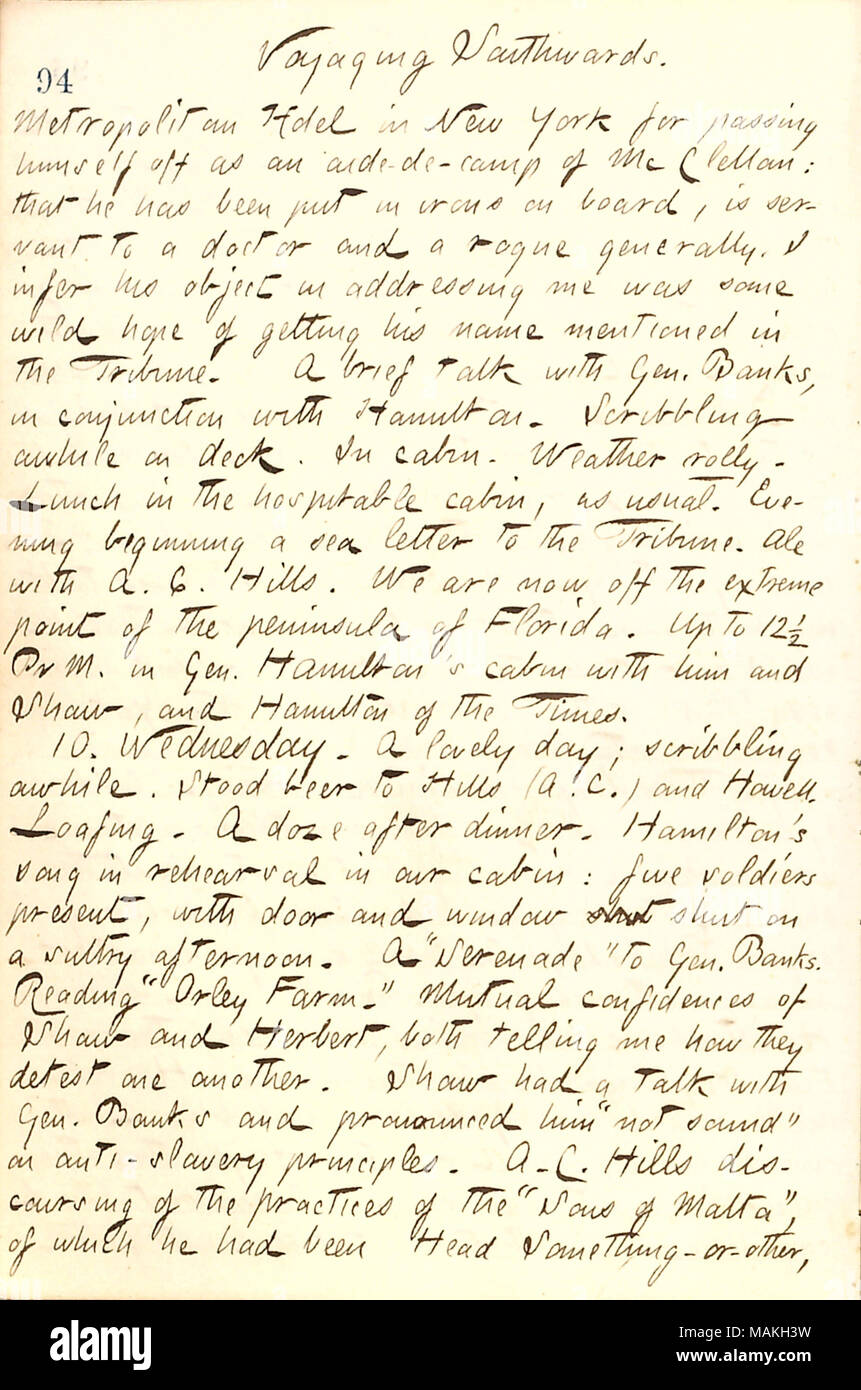 Décrit son voyage vers le sud sur l'étoile du Nord avec l'expédition de banques. Titre : Thomas Butler Gunn Diaries : Volume 21, page 103, 9 décembre 1862 . 9 décembre 1862. Gunn, Thomas Butler, 1826-1903 Banque D'Images