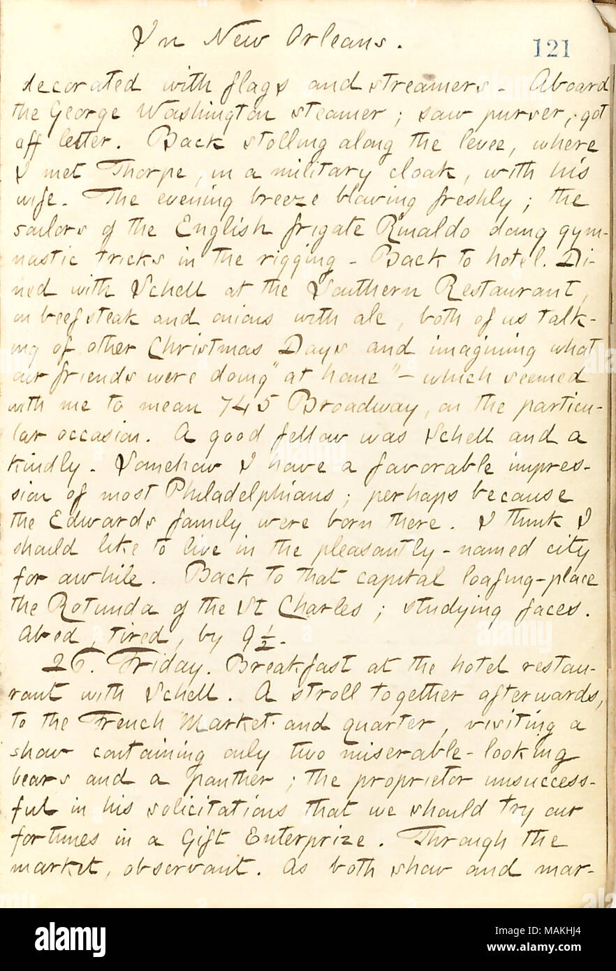 Décrit son jour de Noël consacré à la Nouvelle Orléans. Titre : Thomas Butler Gunn Diaries : Volume 21, page 134, Décembre 25, 1862 . 25 décembre 1862. Gunn, Thomas Butler, 1826-1903 Banque D'Images