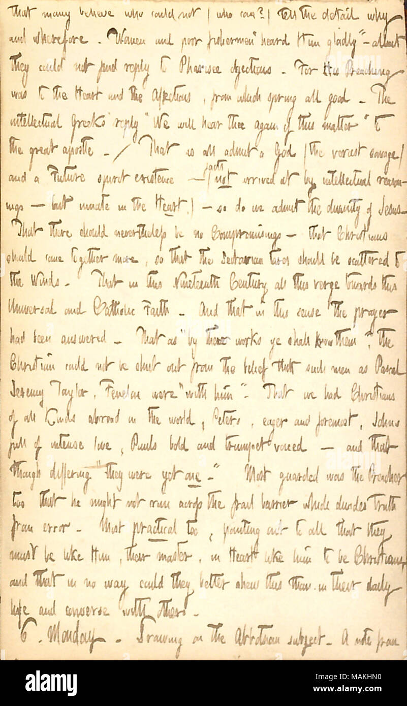 Commentaires sur un sermon qu'il a entendu dans une Église Unitarienne. Transcription : que de nombreux avis qui ne pouvaient pas (qui peut le faire ?) faire connaître le détail pourquoi et pourquoi. Les femmes et les pauvres pêcheurs ?ǣheard volontiers de lui ?  ? Bien qu'ils ne pouvaient pas trouver de réponse à pharisien objections. Pour sa prédication était au coeur et l'affection, d'où jailli tout bien. L'intellectuel grecs ? Réponse ?ǣWe t'entendrons à nouveau de cette question ? Pour le grand apôtre. / Que comme tous les admettre un Dieu (les veriest savage) et un avenir esprit existence ? (Faits non établis par les raisonnements intellectuels ? Mais au Cœur innée.) ? Donc, ne Banque D'Images