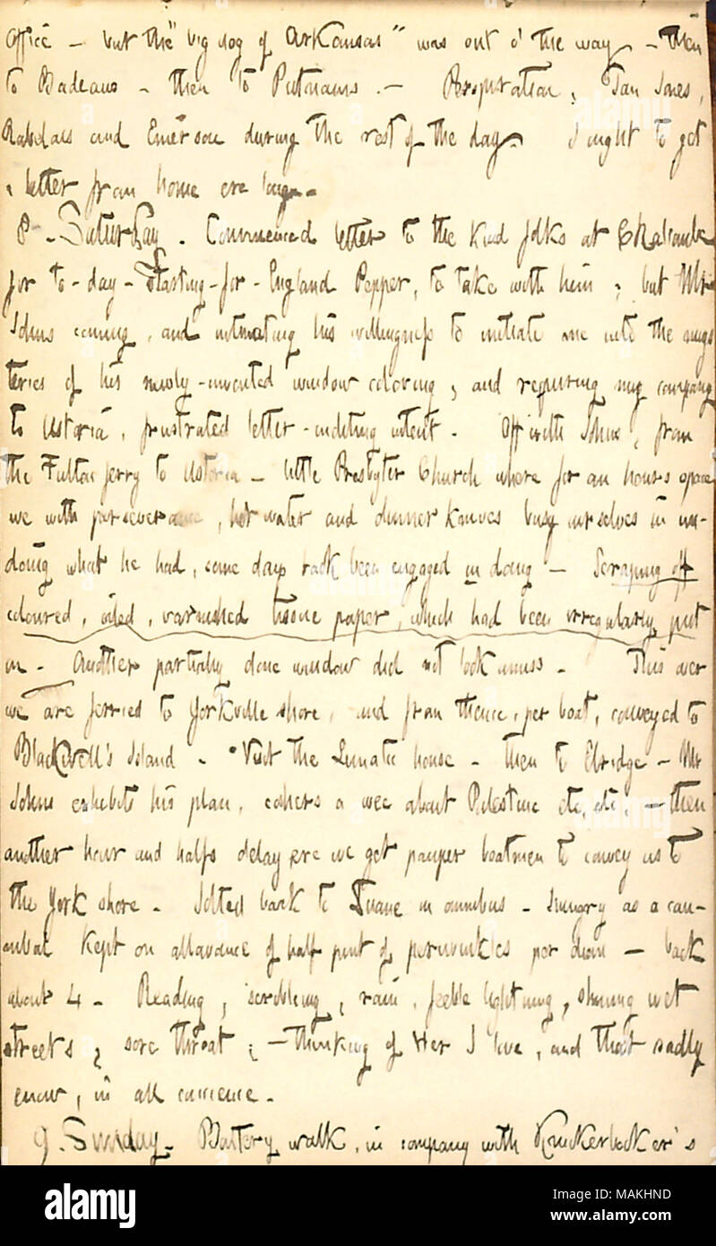 Légales aider M. Johns avec un emploi de papier de soie de couleur de raclage windows dans une église. Transcription : Office ? Mais le chien de l'Arkansas ?ǣbig ? [John Smith, Jr.] était hors o ?le chemin ? Puis sur [Jonathan F.] Badeaus ? Puis sur [G.P.] Putnams.  ? La transpiration, Tom Jones, [François Rabelais] et [Ralph Waldo Emerson] pendant le reste de la journée. Je me dois d'obtenir une lettre d'accueil avant peu. 8. Samedi. Commencé lettre à l'genre gens de Chalcombe pour à-jour-partir-pour-Angleterre poivre, de prendre avec lui ; mais M. Johns venant, et laissant entendre sa volonté d'initier aux mystères m'o Banque D'Images