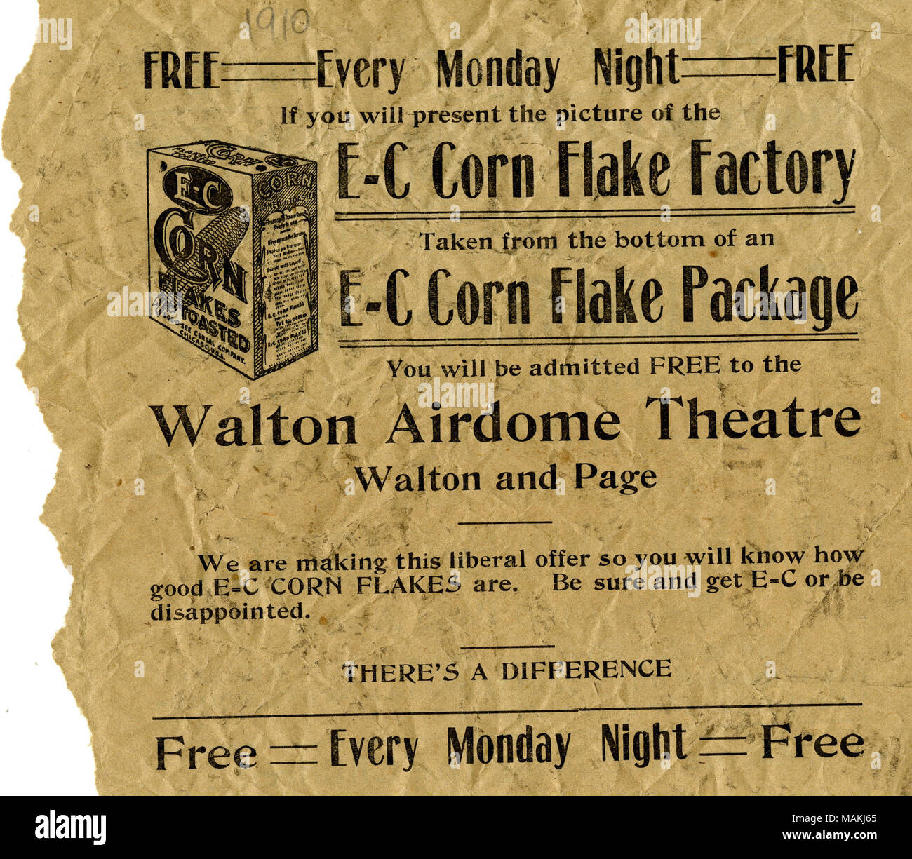 Ouvre gratuitement ses portes lundi soir à ceux qui présentent l'image de l'E-C Corn Flake Factory prélevées au fond d'un E-C paquet de flocons de maïs. Titre : Circulaire du Walton Airdome Theatre, Walton et Page, [St. Louis], ca. 1910 . vers 1910. Banque D'Images