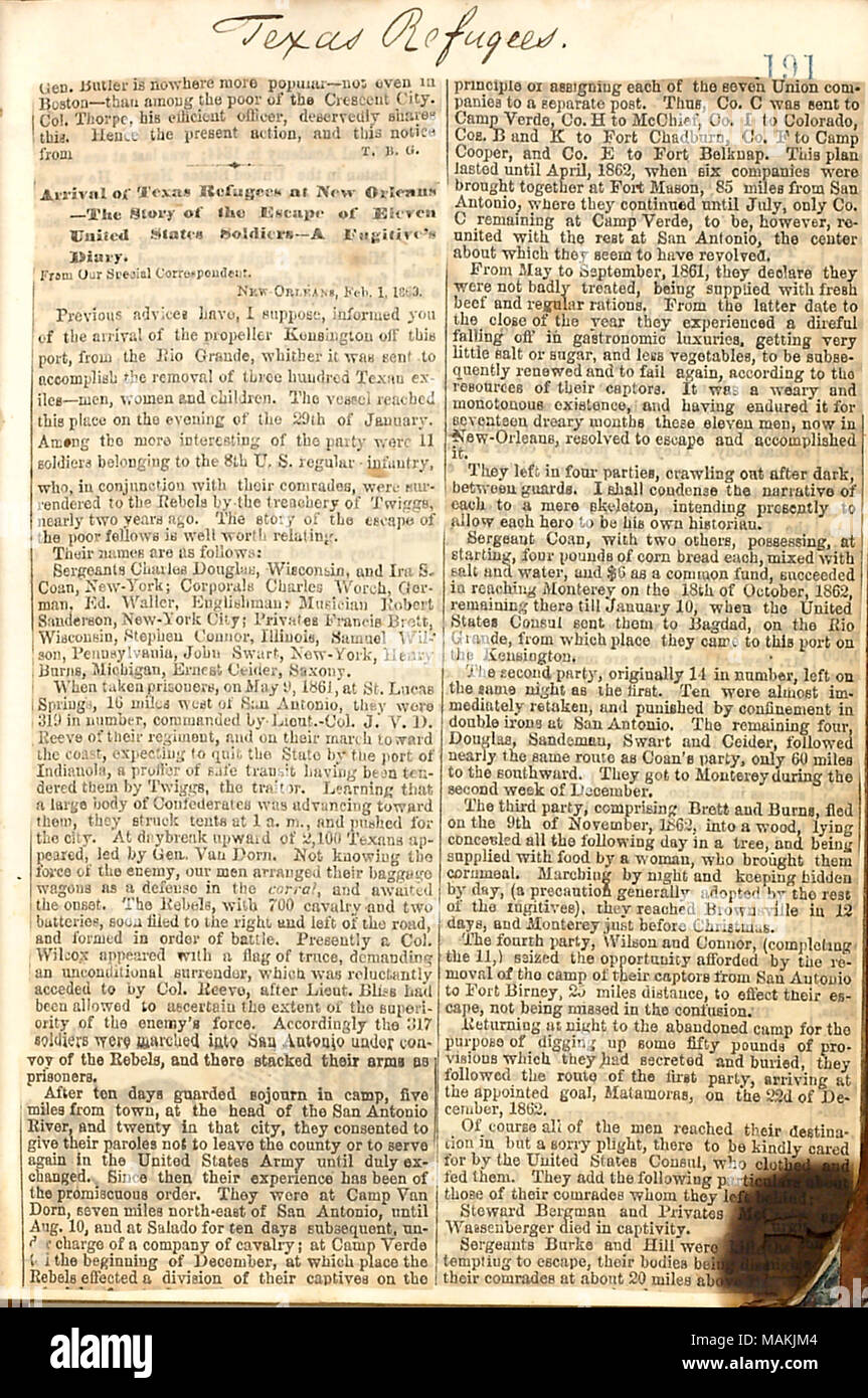 Coupure de journal écrit par Gunn pour le New York Tribune, sur l'arrivée des réfugiés du Texas à La Nouvelle-Orléans. Titre : Thomas Butler Gunn Diaries : Volume 21, page 207, Février 1, 1863 [coupure de presse] . 1 février 1863. Gunn, Thomas Butler, 1826-1903 Banque D'Images